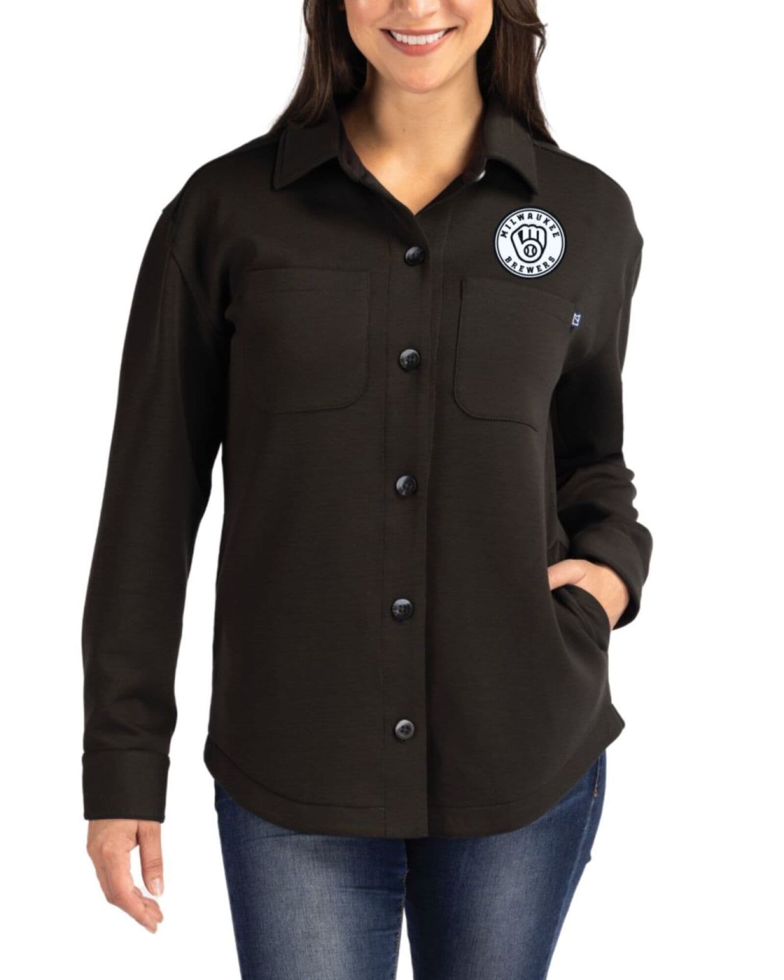 Women's Milwaukee Brewers Cutter & Buck Mono Black Roam Buttery-Soft Knit Button Down Shirt Jacket