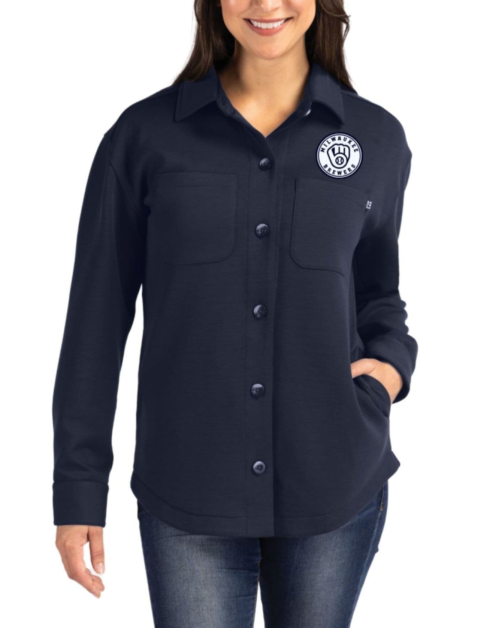 Women's Milwaukee Brewers Cutter & Buck Mono Navy Blue Roam Buttery-Soft Knit Button Down Shirt Jacket