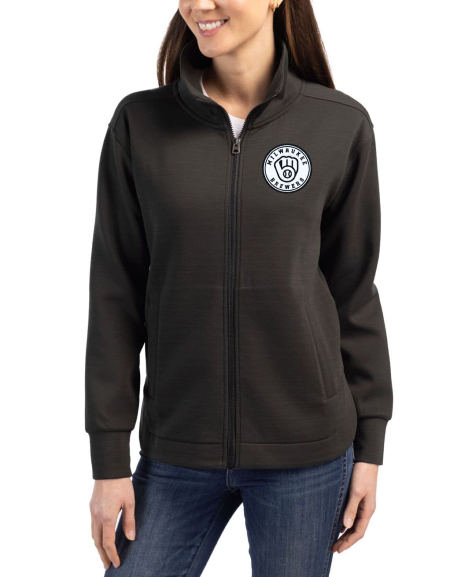 Women's Milwaukee Brewers Cutter & Buck Mono Black Roam Buttery-Soft Knit Full Zip Jacket