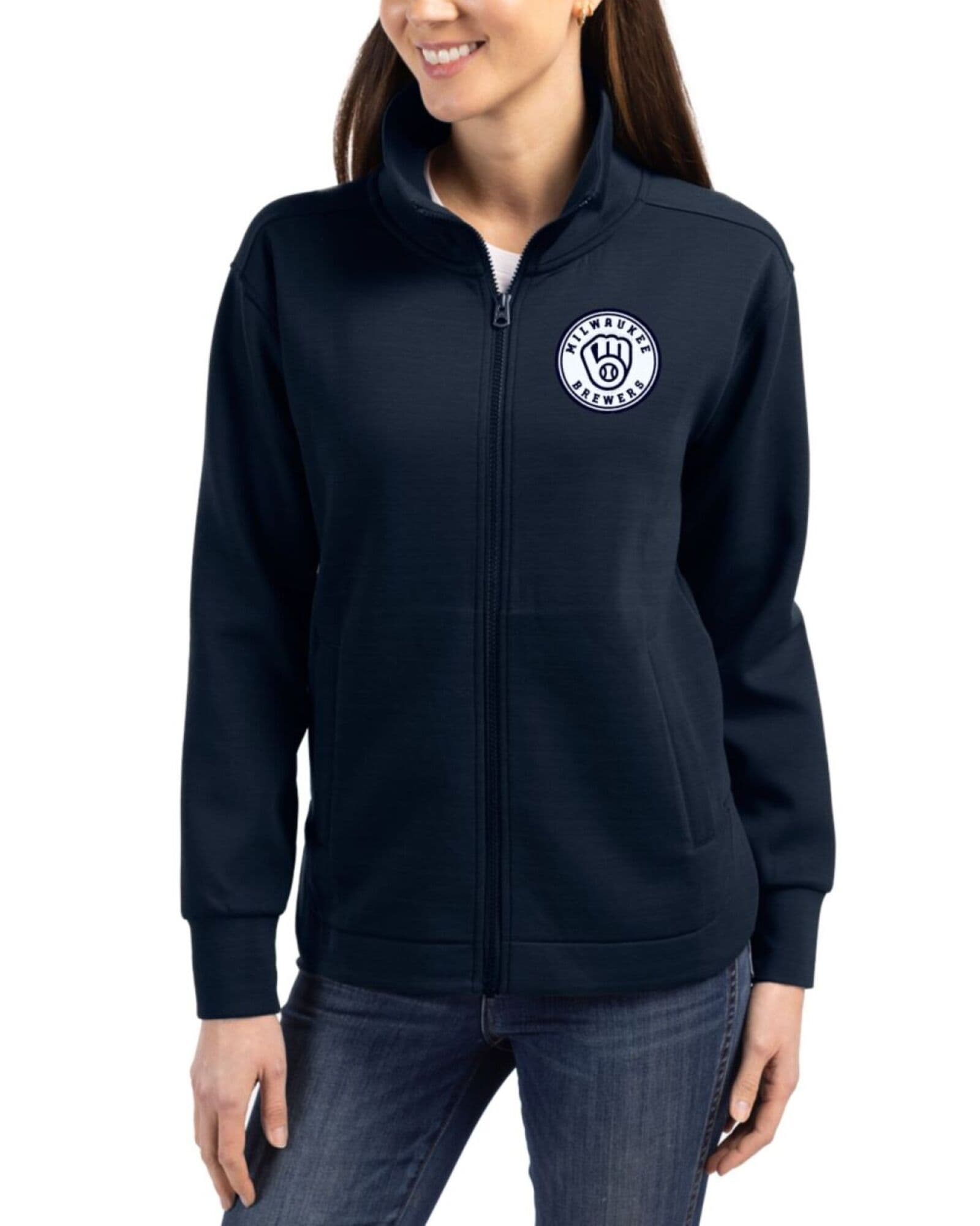 Women's Milwaukee Brewers Cutter & Buck Mono Navy Blue Roam Buttery-Soft Knit Full Zip Jacket