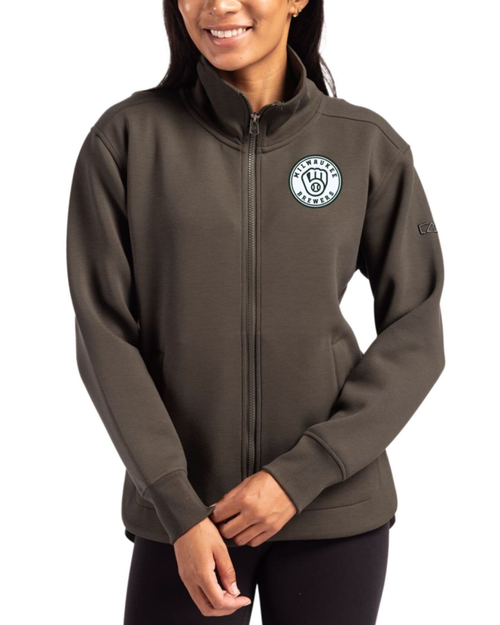 Women's Milwaukee Brewers Cutter & Buck Mono Poplar Roam Buttery-Soft Knit Full Zip Jacket