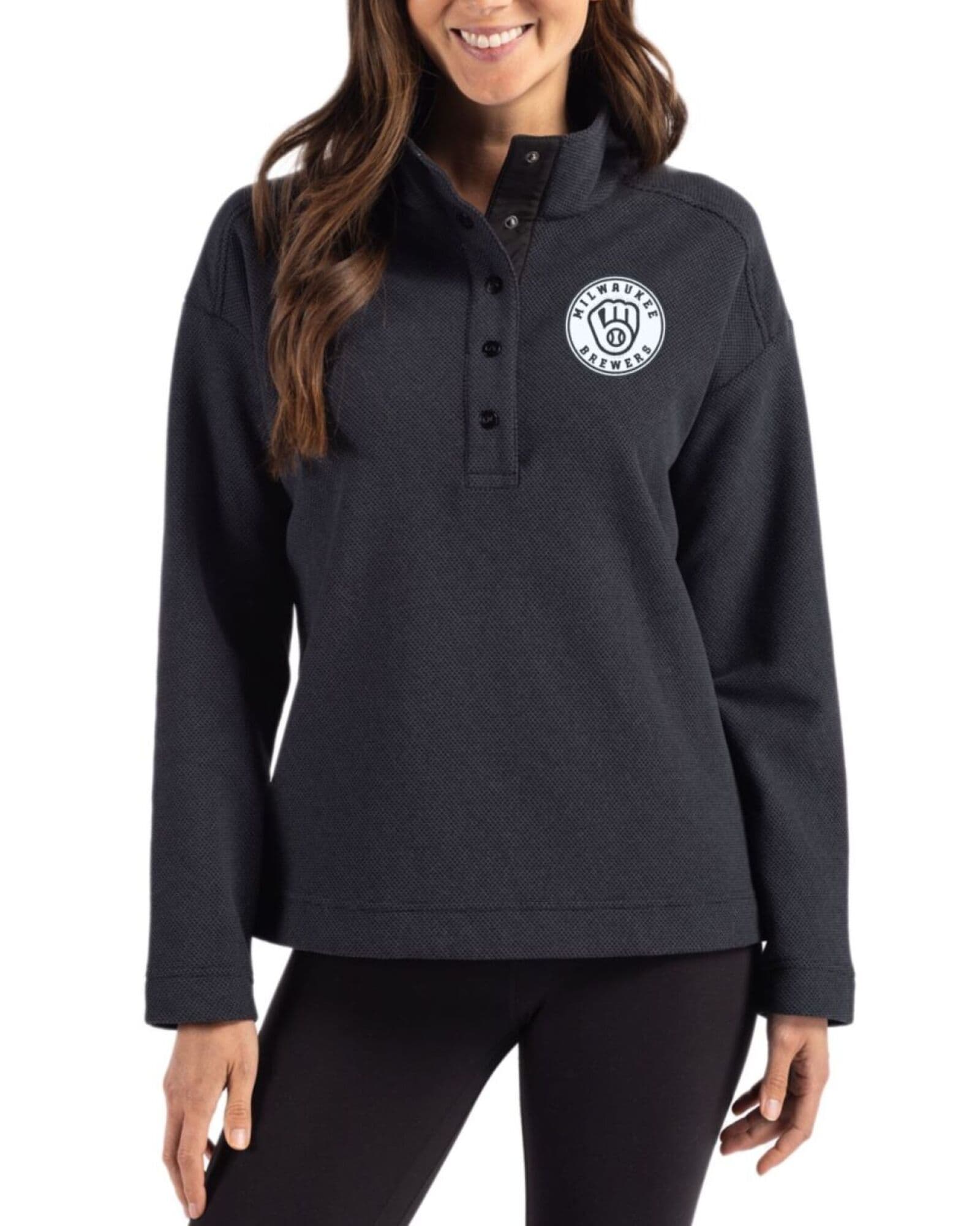 Women's Milwaukee Brewers Cutter & Buck Mono Black Hunts Point Fleece Hybrid Snap Placket Pullover