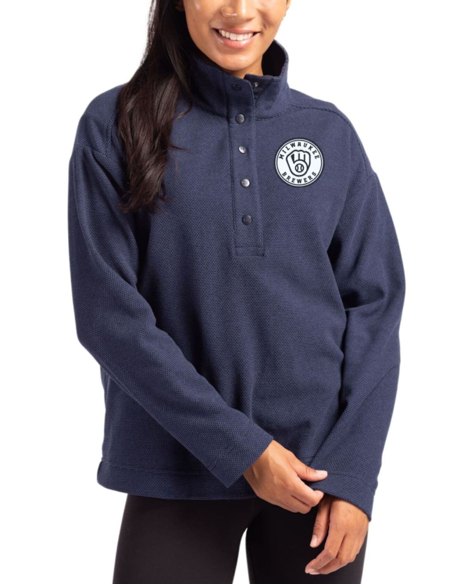 Women's Milwaukee Brewers Cutter & Buck Mono Navy Blue Hunts Point Fleece Hybrid Snap Placket Pullover