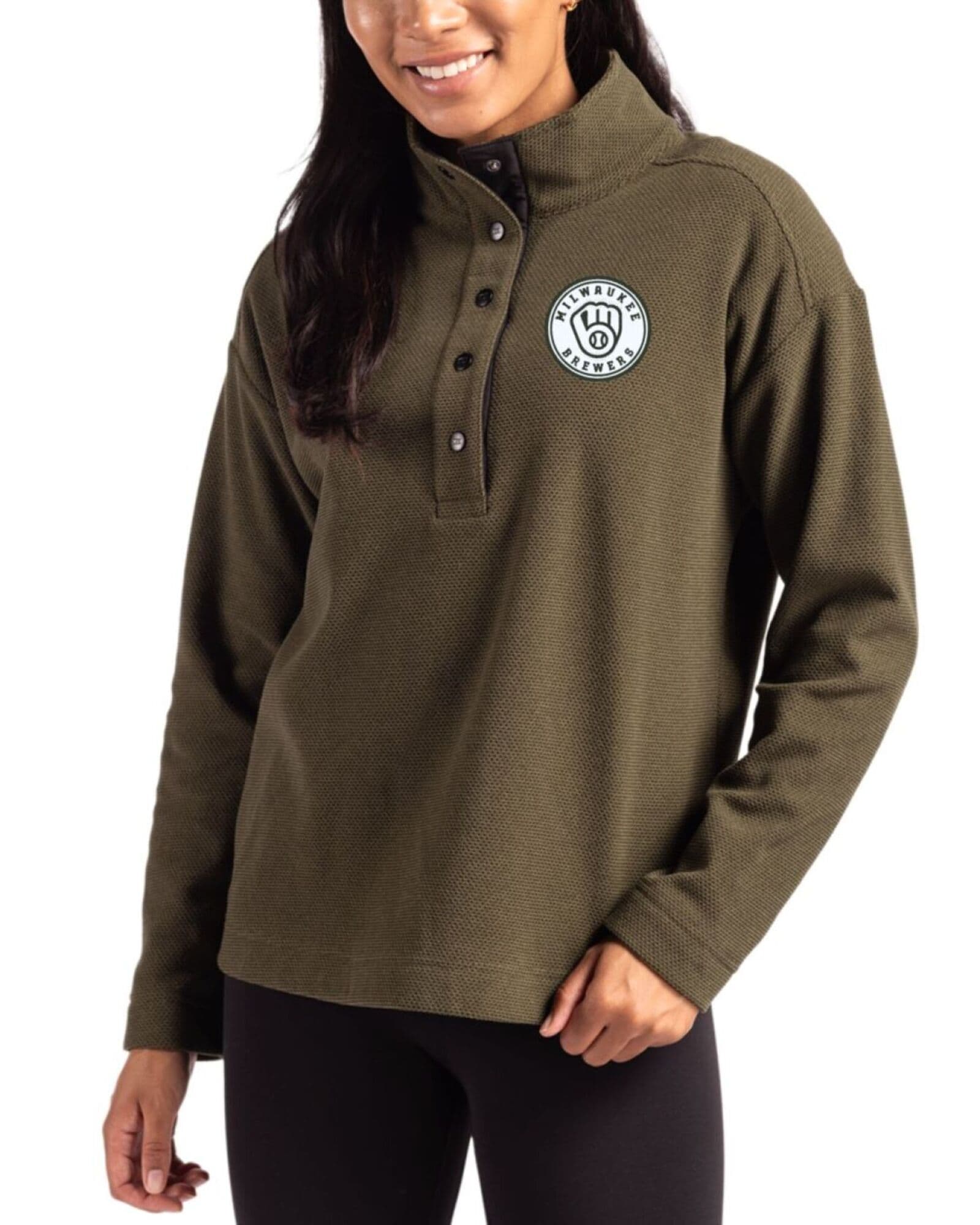 Women's Milwaukee Brewers Cutter & Buck Mono Poplar Hunts Point Fleece Hybrid Snap Placket Pullover