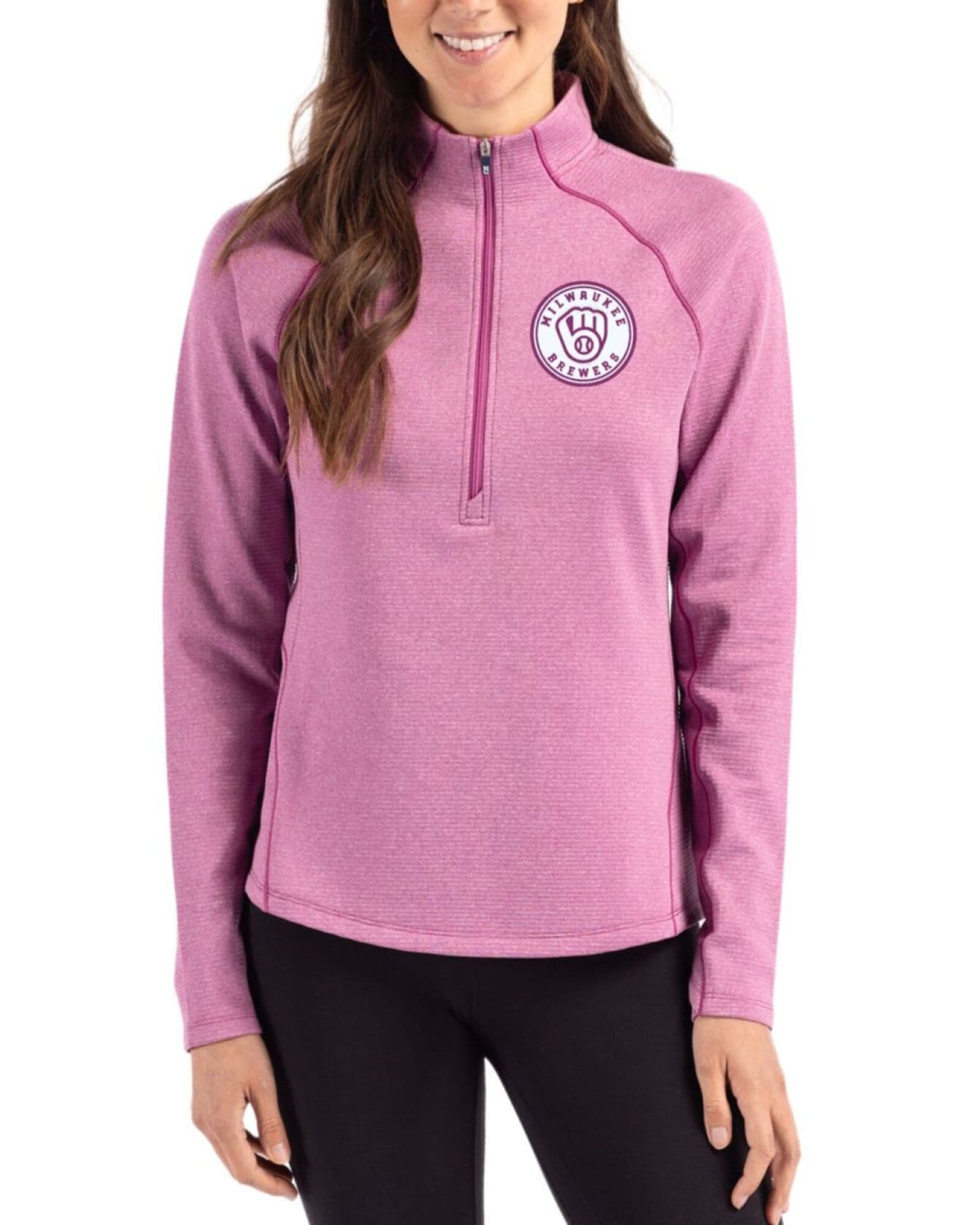 Women's Milwaukee Brewers Cutter & Buck Mono Gelato Heather Peshastin Grid Fleece Half Zip Pullover