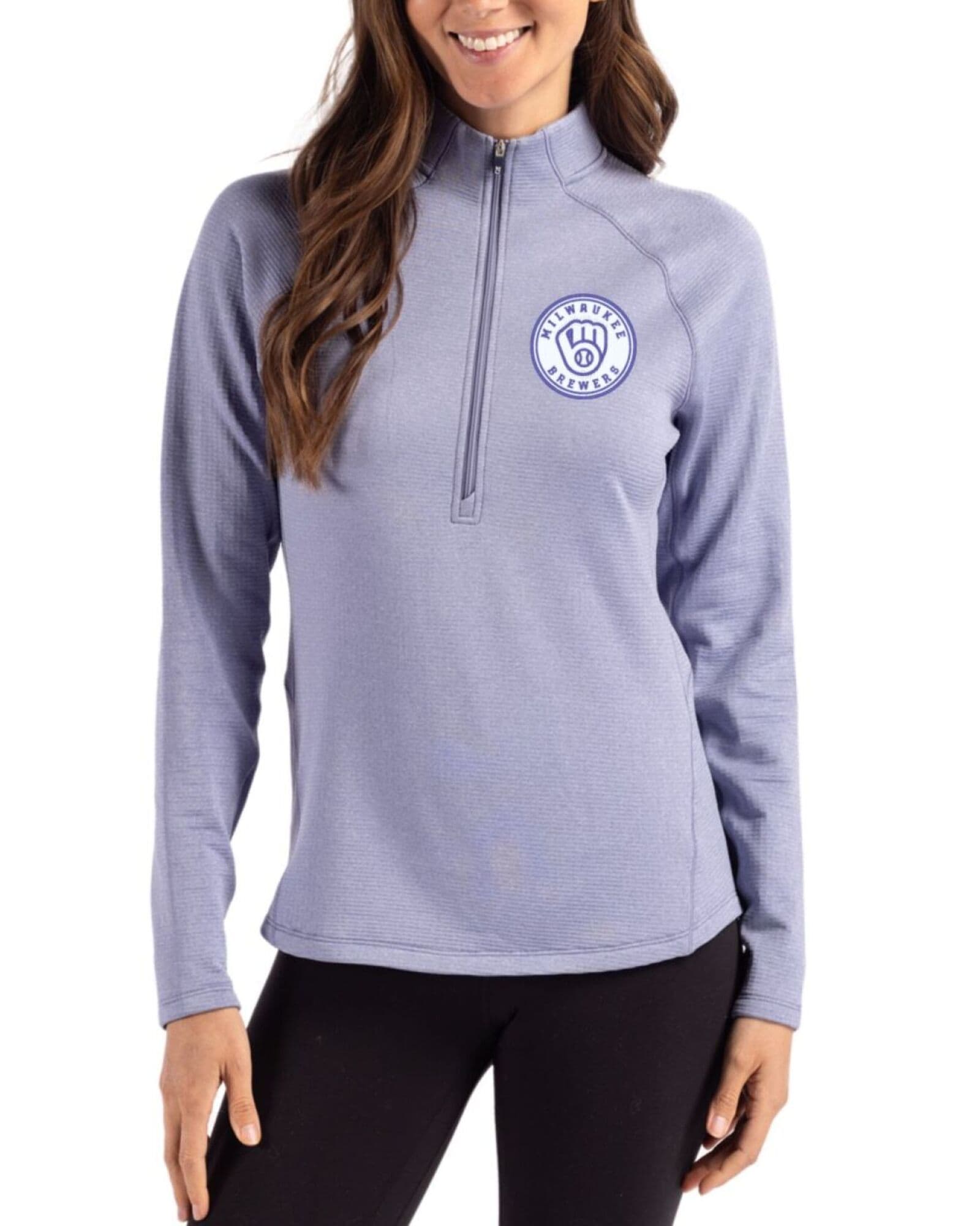 Women's Milwaukee Brewers Cutter & Buck Mono Hyacinth Heather Peshastin Grid Fleece Half Zip Pullover