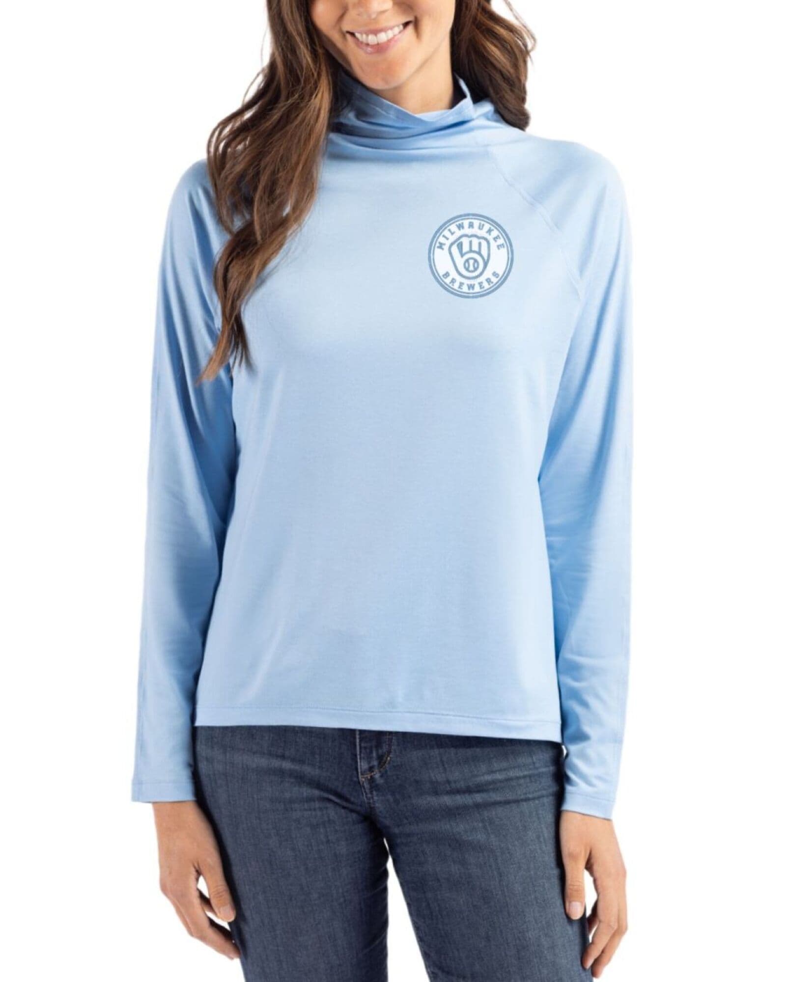 Women's Milwaukee Brewers Cutter & Buck Mono Atlas Coastline Double Peached Funnel Neck Pullover