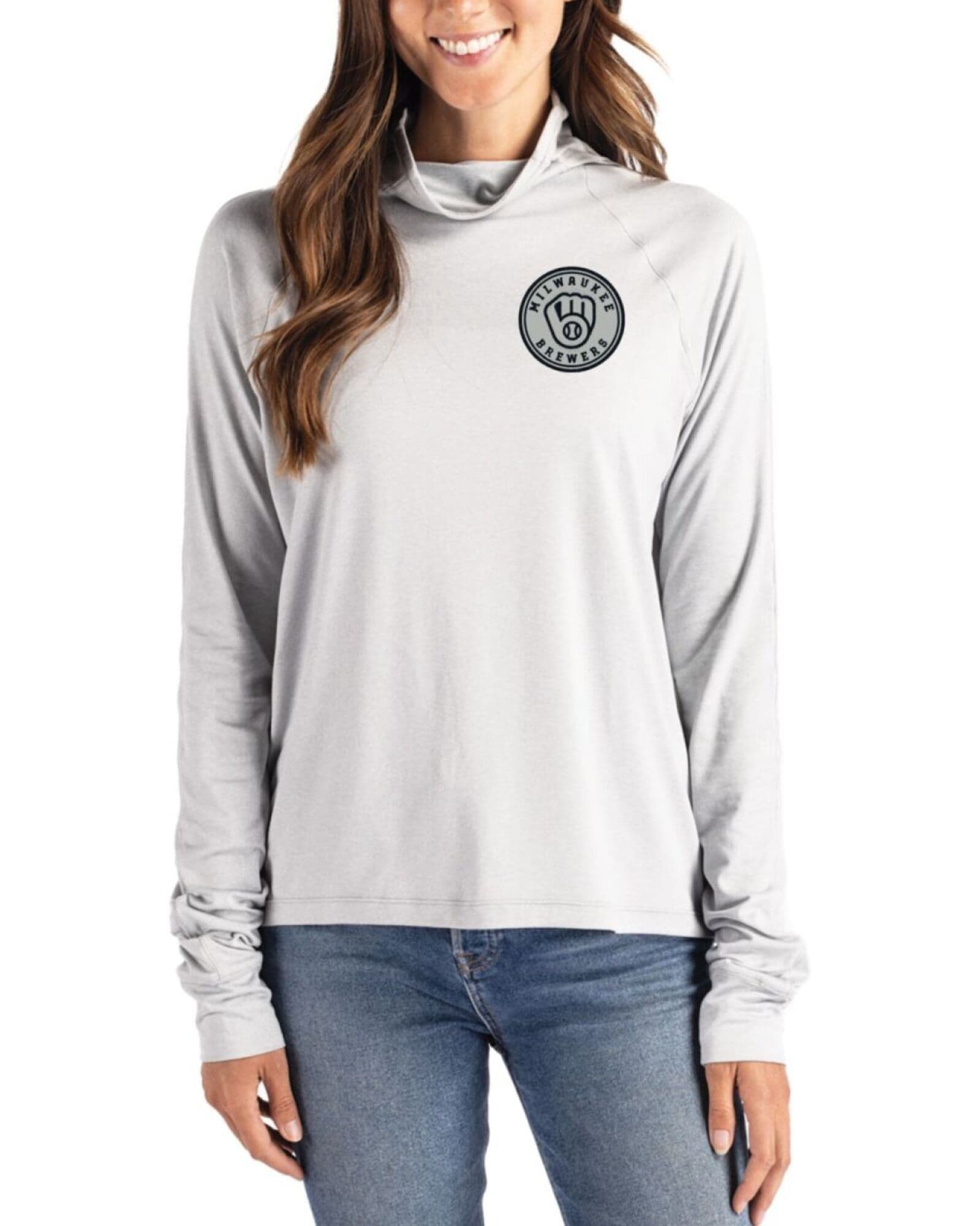 Women's Milwaukee Brewers Cutter & Buck Mono Concrete Coastline Double Peached Funnel Neck Pullover