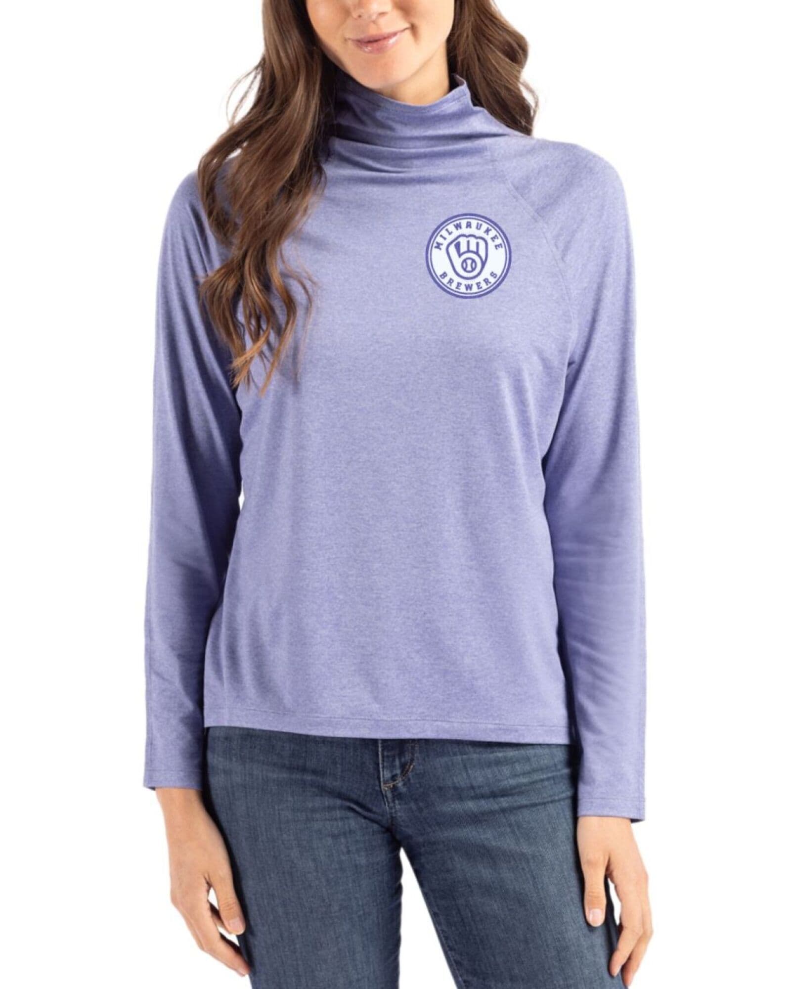 Women's Milwaukee Brewers Cutter & Buck Mono Hyacinth Coastline Double Peached Funnel Neck Pullover