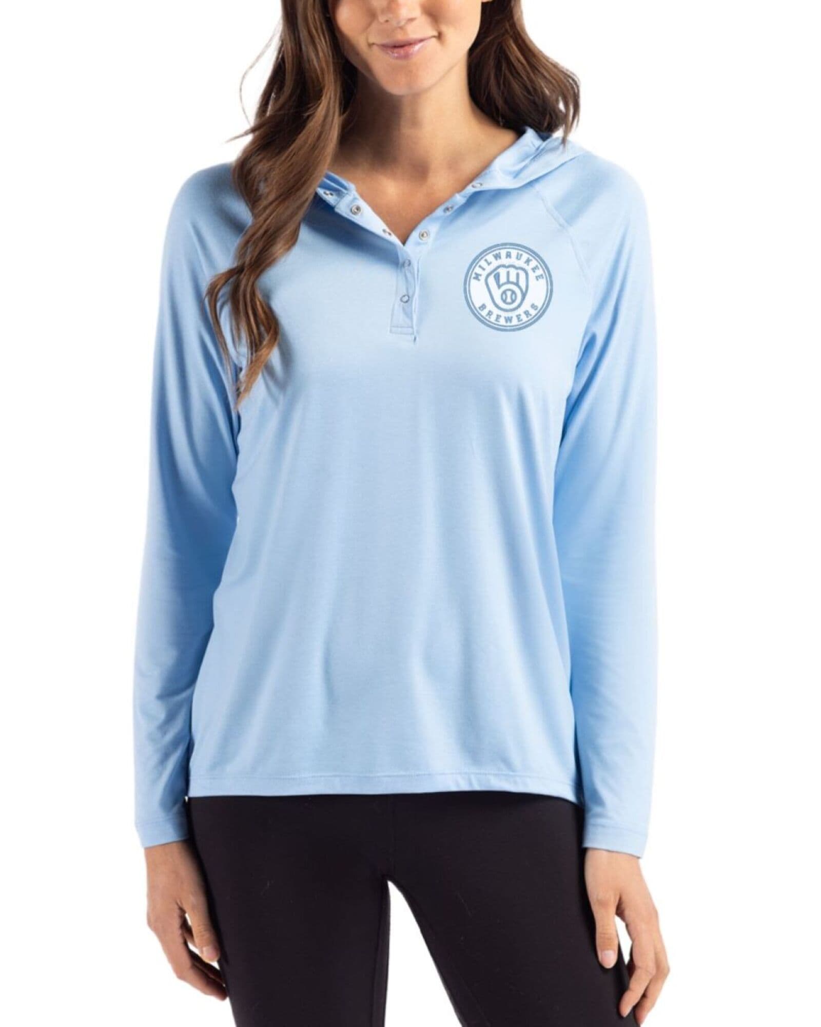 Women's Milwaukee Brewers Cutter & Buck Mono Atlas Coastline Double Peached Hooded Pullover