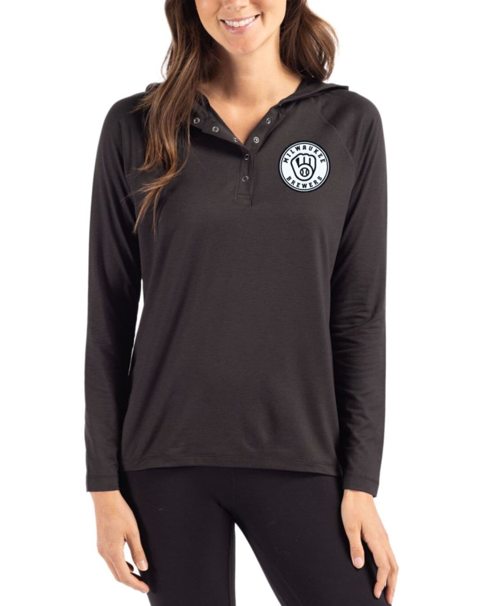 Women's Milwaukee Brewers Cutter & Buck Mono Black Coastline Double Peached Hooded Pullover