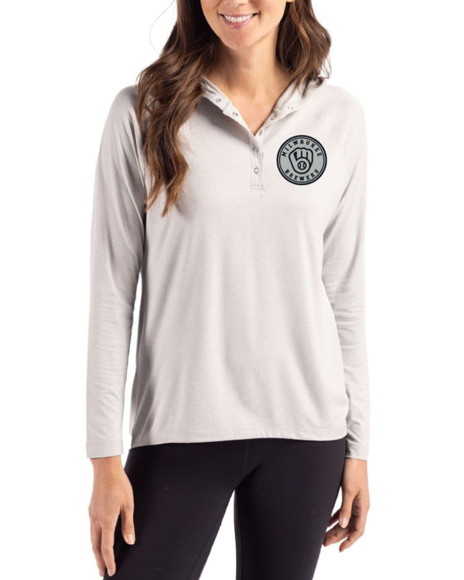 Women's Milwaukee Brewers Cutter & Buck Mono Concrete Coastline Double Peached Hooded Pullover