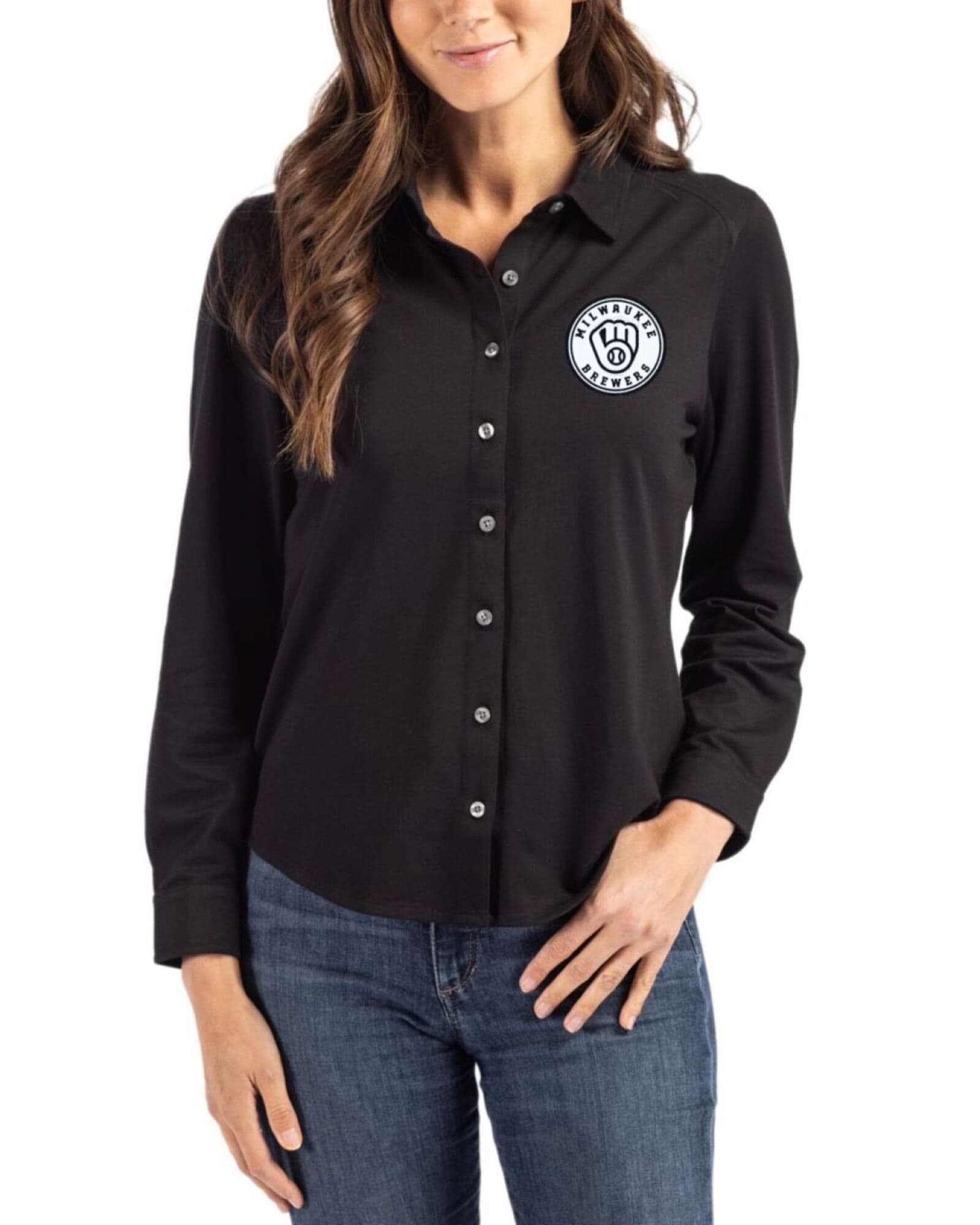 Women's Milwaukee Brewers Cutter & Buck Mono Black Advantage Cotton-Blend Pique Long Sleeve Button Down Shirt
