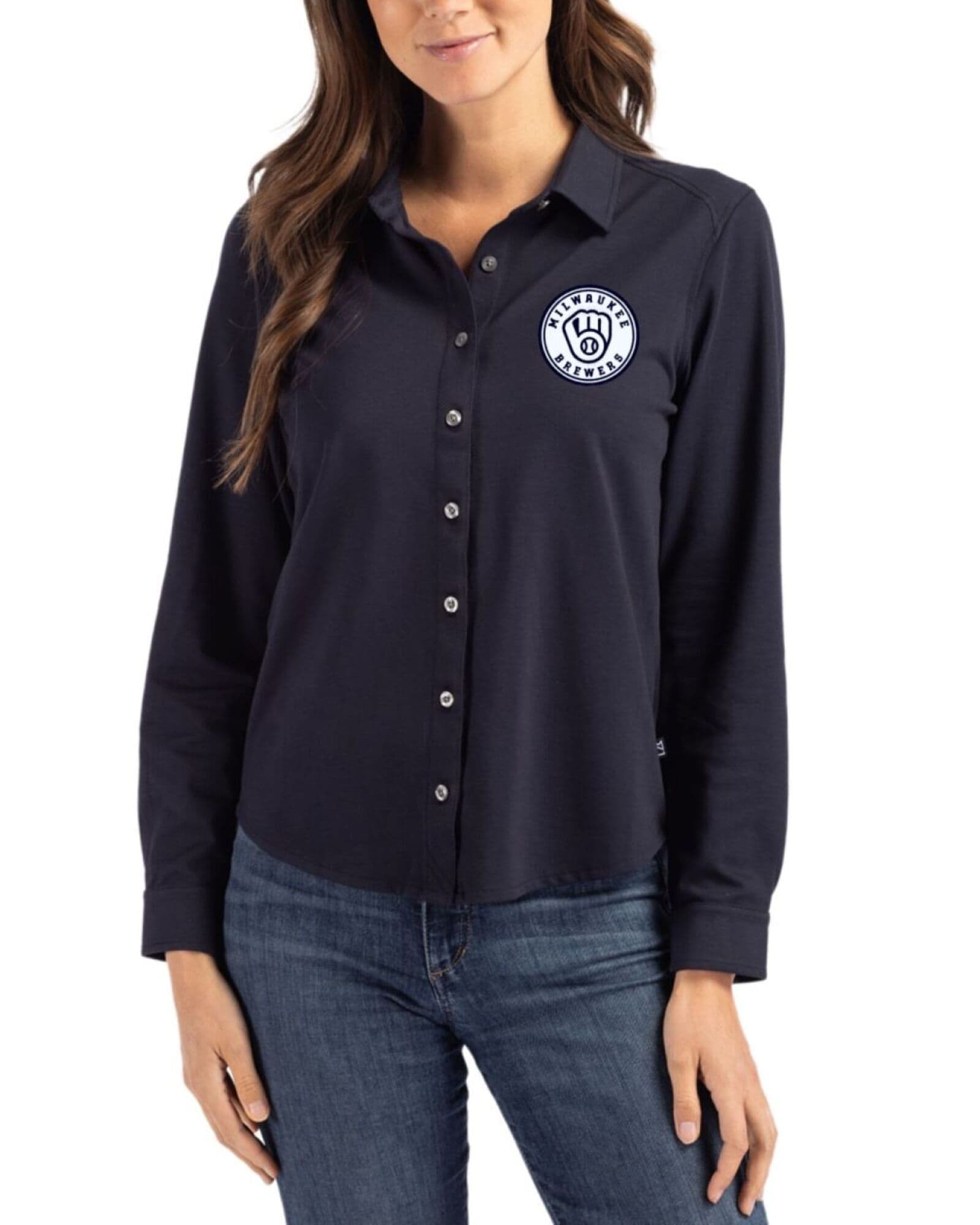 Women's Milwaukee Brewers Cutter & Buck Mono Liberty Navy Advantage Cotton-Blend Pique Long Sleeve Button Down Shirt