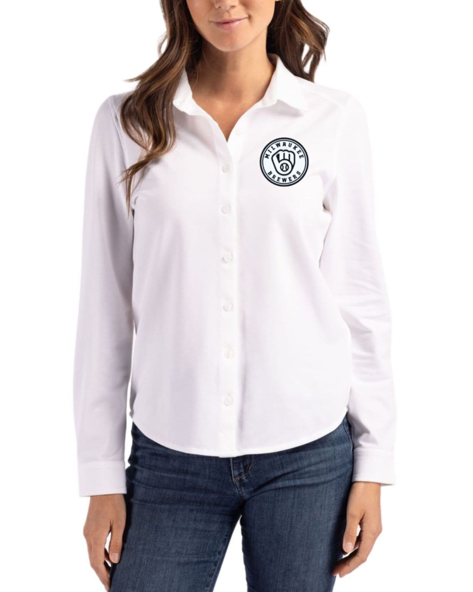 Women's Milwaukee Brewers Cutter & Buck Mono White Advantage Cotton-Blend Pique Long Sleeve Button Down Shirt