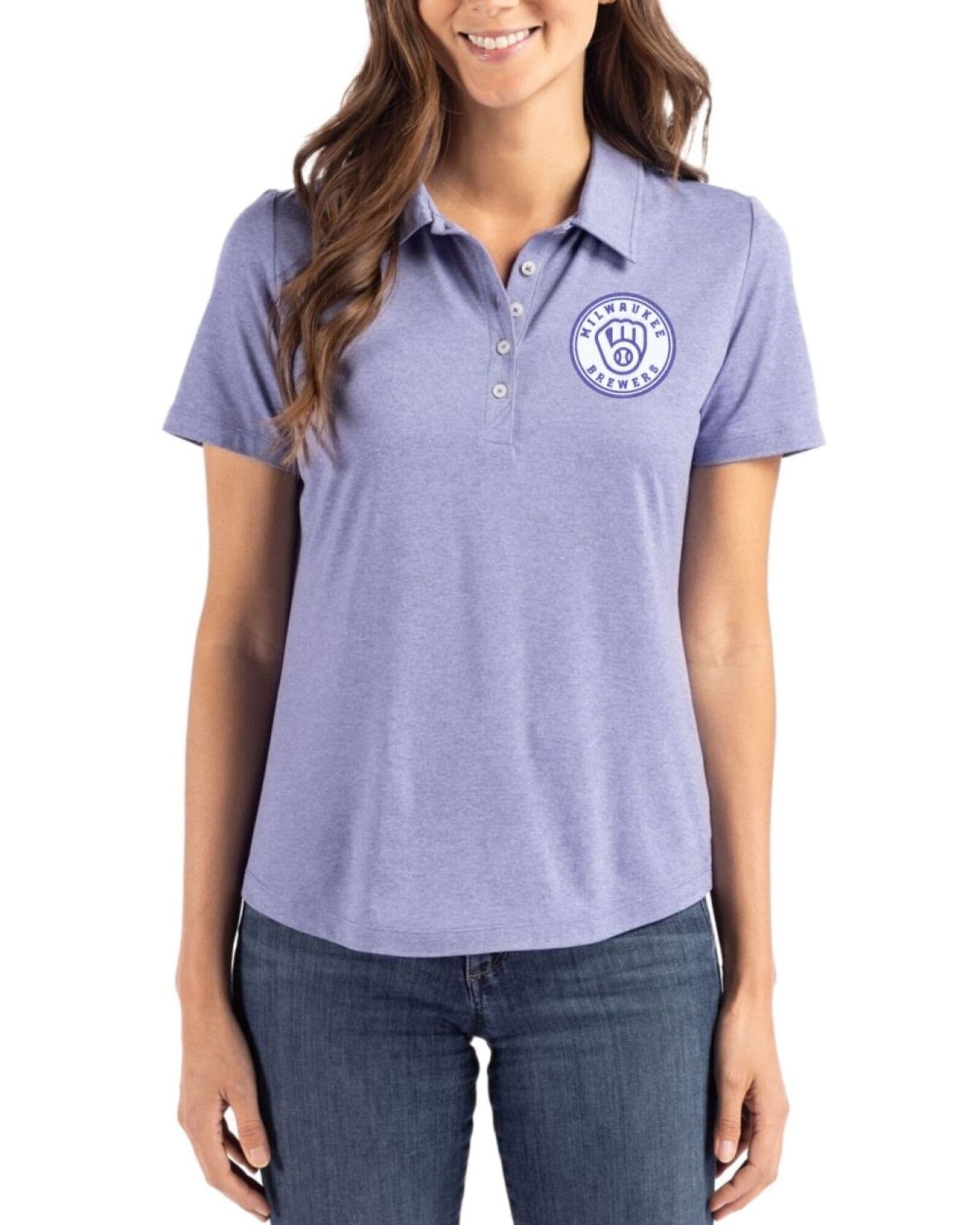 Women's Milwaukee Brewers Cutter & Buck Mono Hyacinth Coastline Double Peached Polo