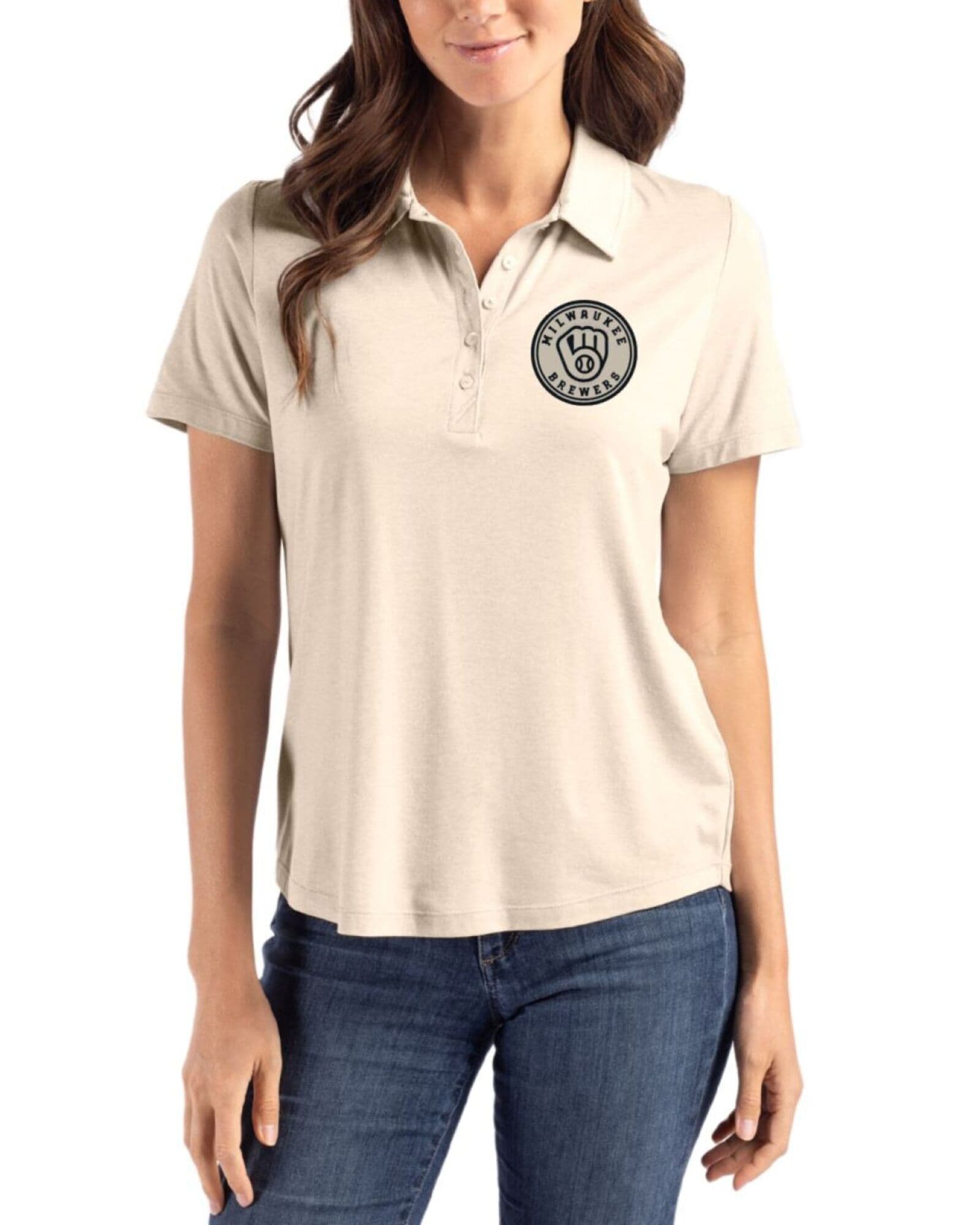 Women's Milwaukee Brewers Cutter & Buck Mono Wheat Coastline Double Peached Polo