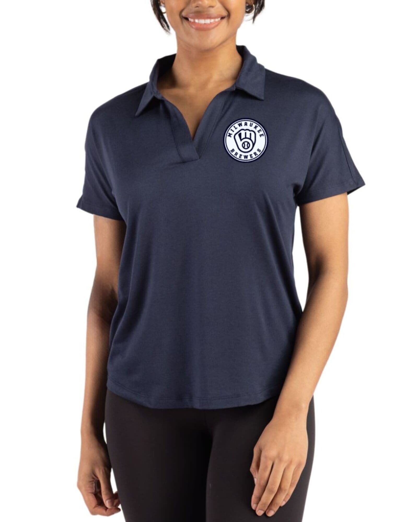Women's Milwaukee Brewers Cutter & Buck Mono Navy Blue Coastline Double Peached Dolman Polo