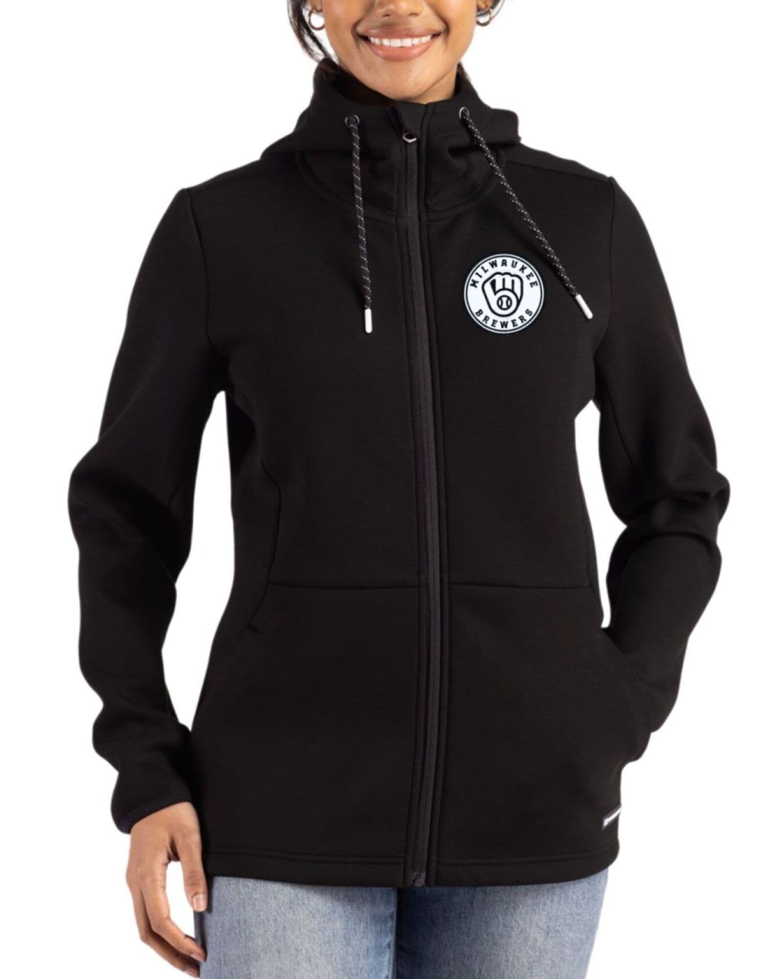 Women's Milwaukee Brewers Cutter & Buck Mono Black Roam Buttery-Soft Knit Full Zip Hooded Jacket