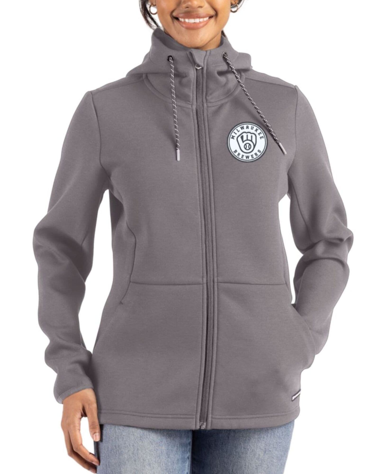Women's Milwaukee Brewers Cutter & Buck Mono Elemental Grey Roam Buttery-Soft Knit Full Zip Hooded Jacket