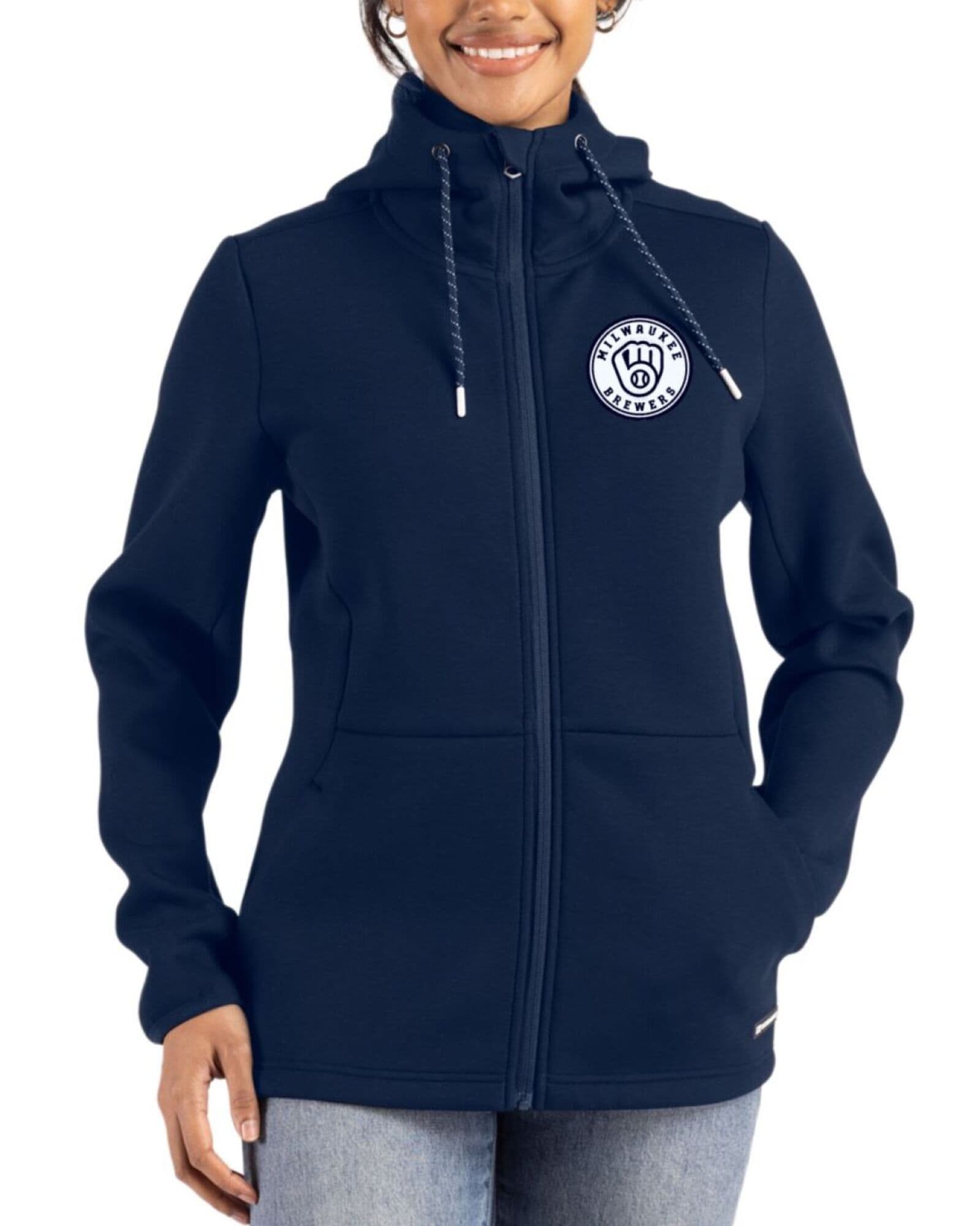 Women's Milwaukee Brewers Cutter & Buck Mono Navy Blue Roam Buttery-Soft Knit Full Zip Hooded Jacket