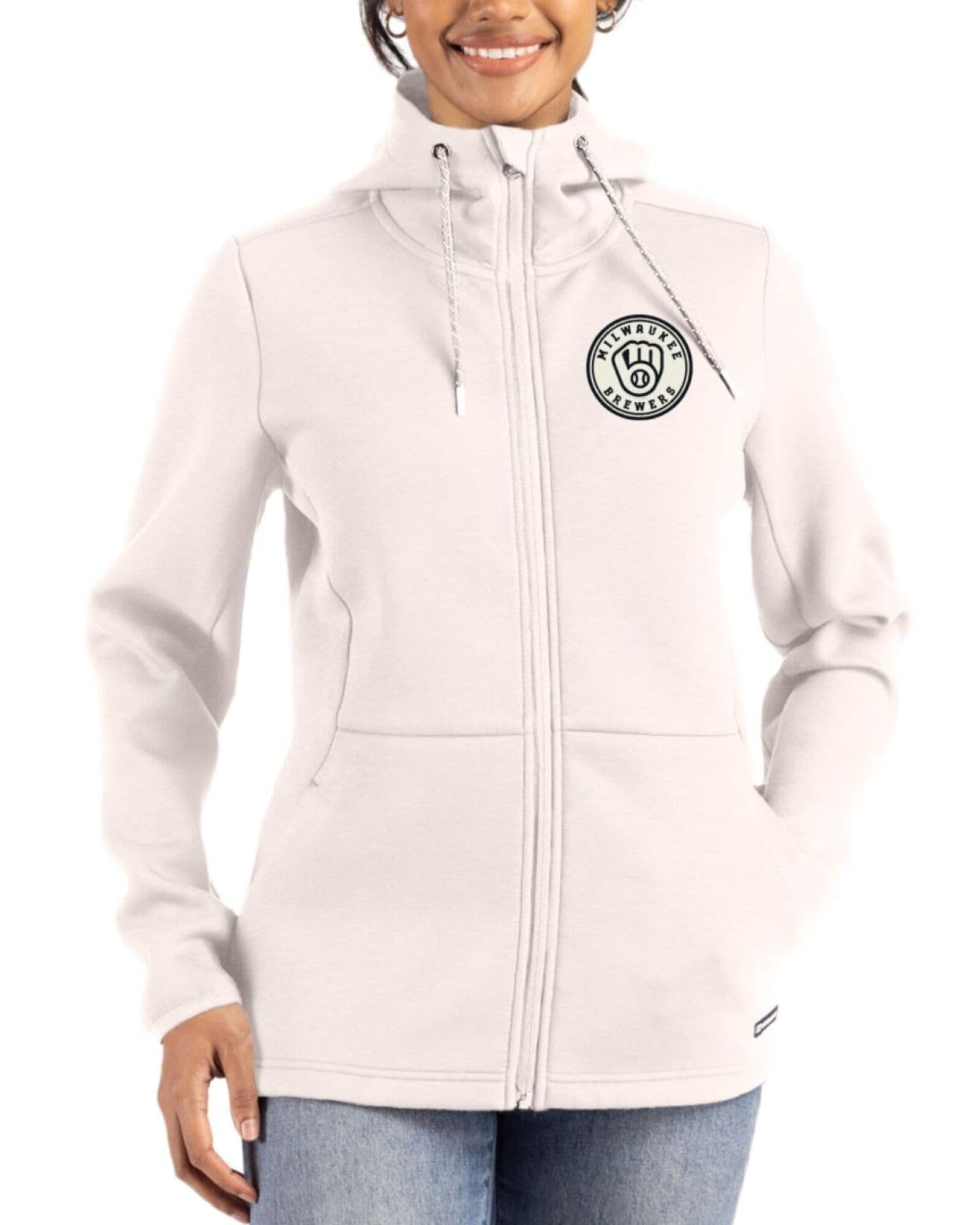 Women's Milwaukee Brewers Cutter & Buck Mono Shell Roam Buttery-Soft Knit Full Zip Hooded Jacket
