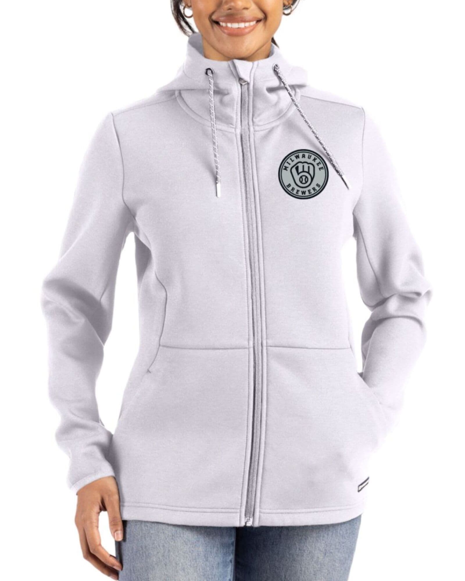 Women's Milwaukee Brewers Cutter & Buck Mono Solitare Roam Buttery-Soft Knit Full Zip Hooded Jacket