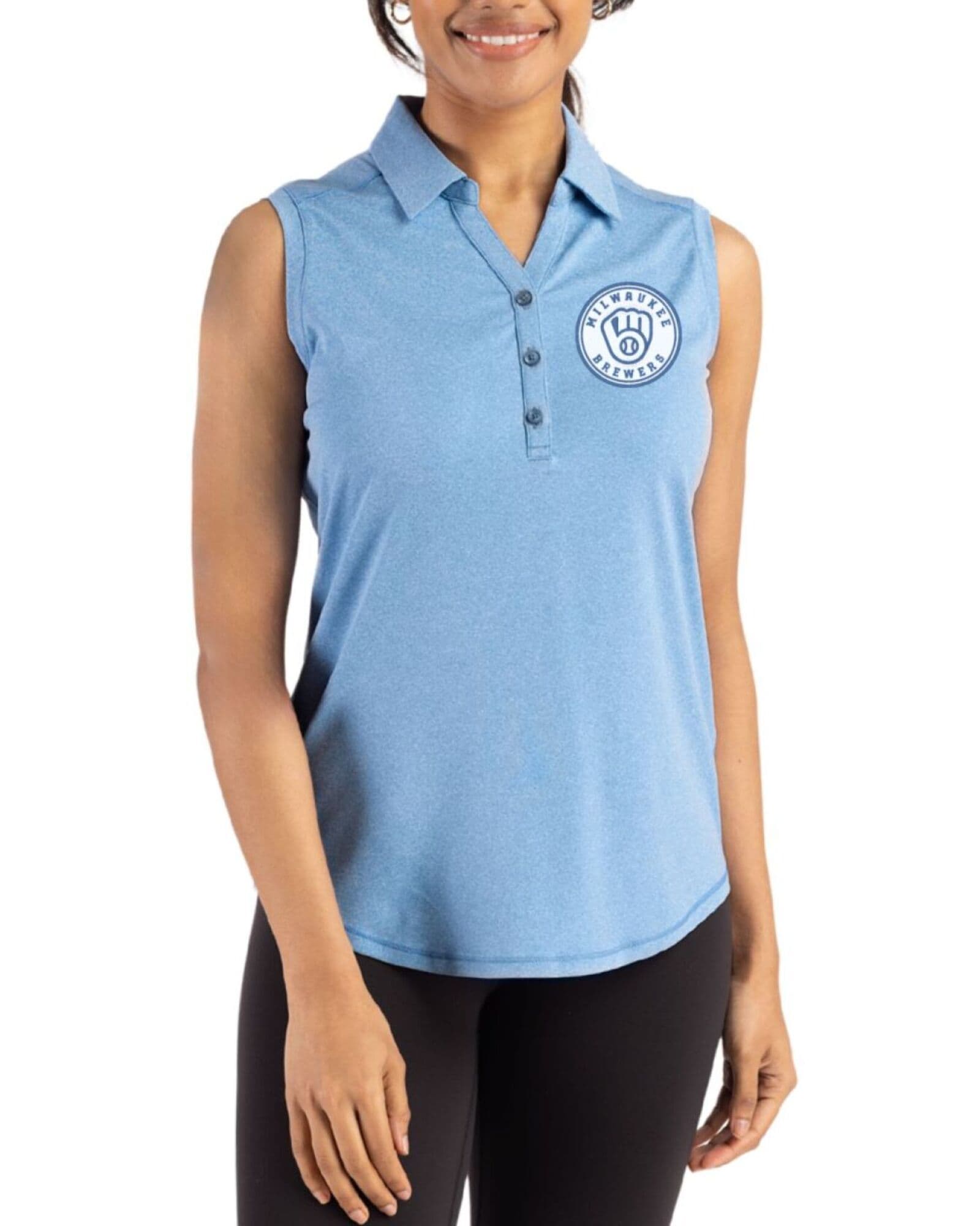 Women's Milwaukee Brewers Cutter & Buck Mono Dark Atlas Heather Forge Four-Way Stretch Sleeveless Polo