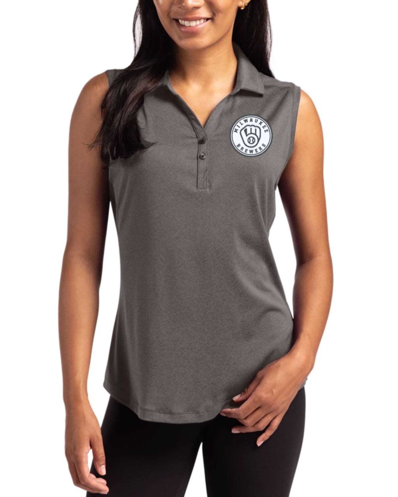 Women's Milwaukee Brewers Cutter & Buck Mono Dark Black Heather Forge Four-Way Stretch Sleeveless Polo