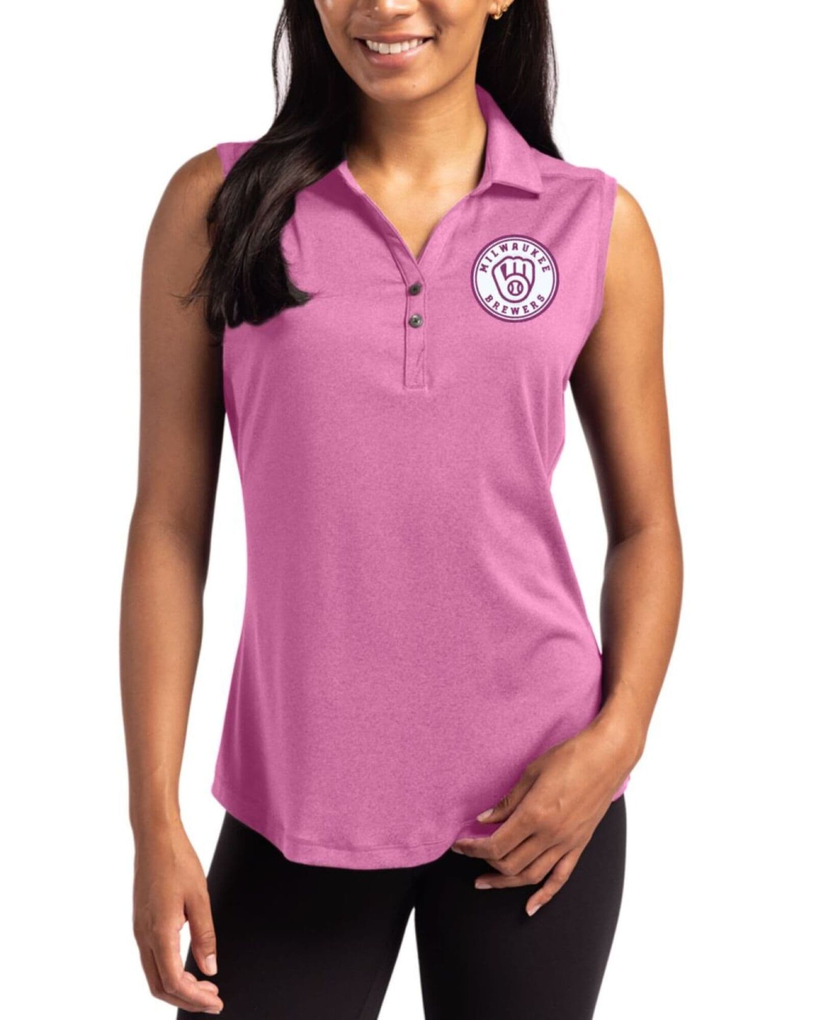 Women's Milwaukee Brewers Cutter & Buck Mono Gelato Heather Forge Four-Way Stretch Sleeveless Polo