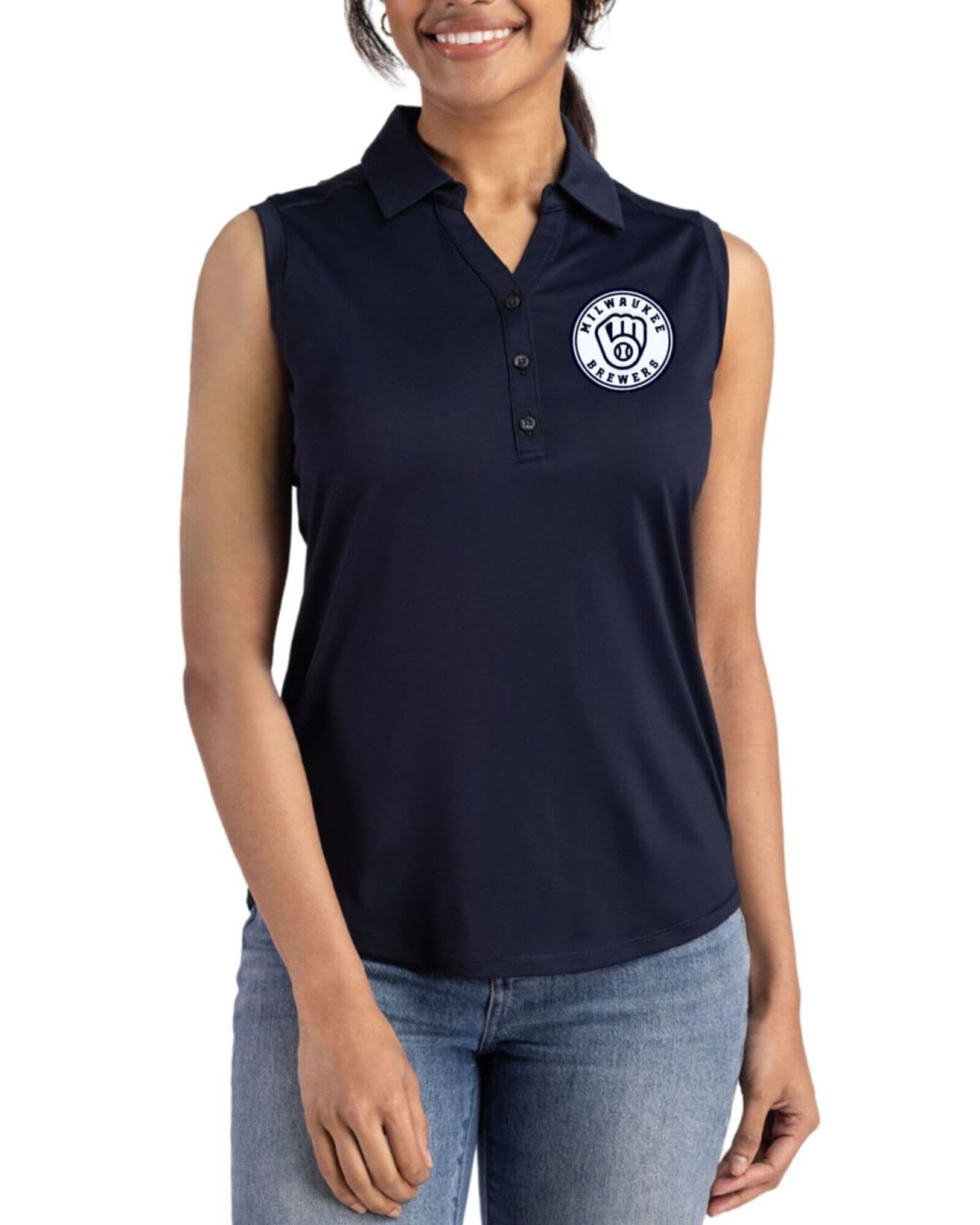 Women's Milwaukee Brewers Cutter & Buck Mono Navy Blue Forge Four-Way Stretch Sleeveless Polo