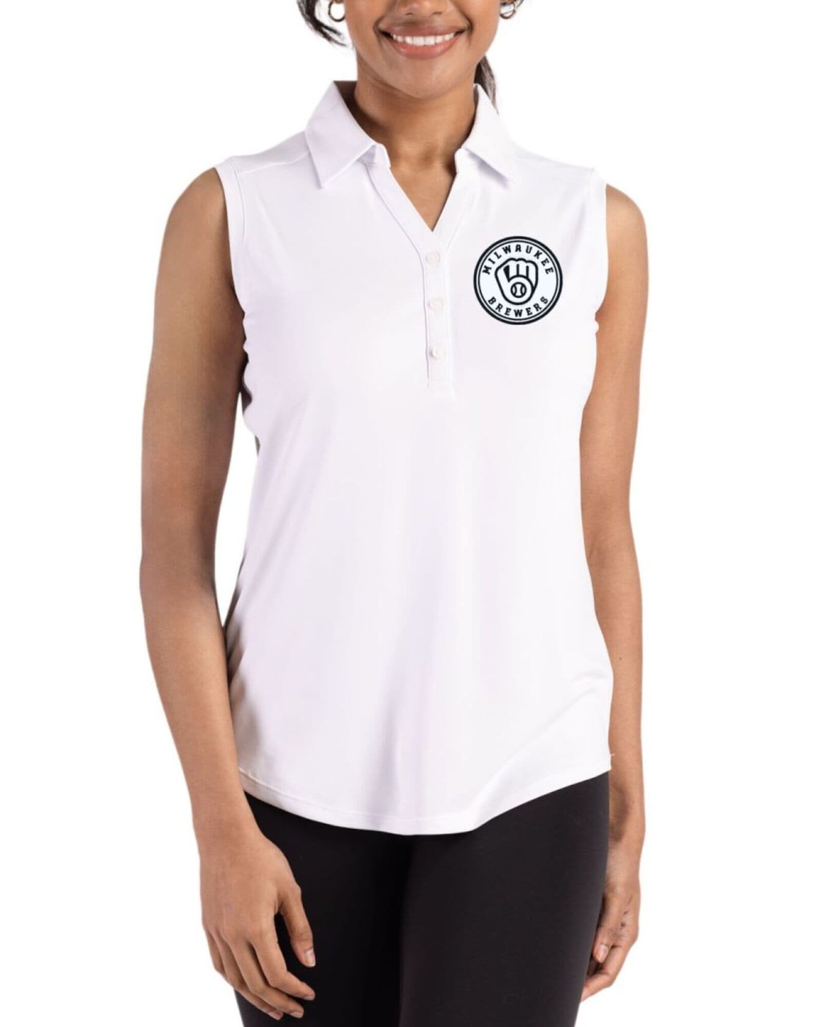 Women's Milwaukee Brewers Cutter & Buck Mono White Forge Four-Way Stretch Sleeveless Polo