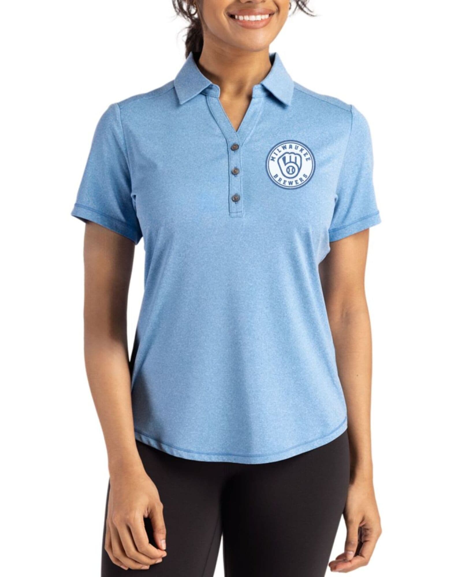Women's Milwaukee Brewers Cutter & Buck Mono Dark Atlas Heather Forge Four-Way Stretch Polo