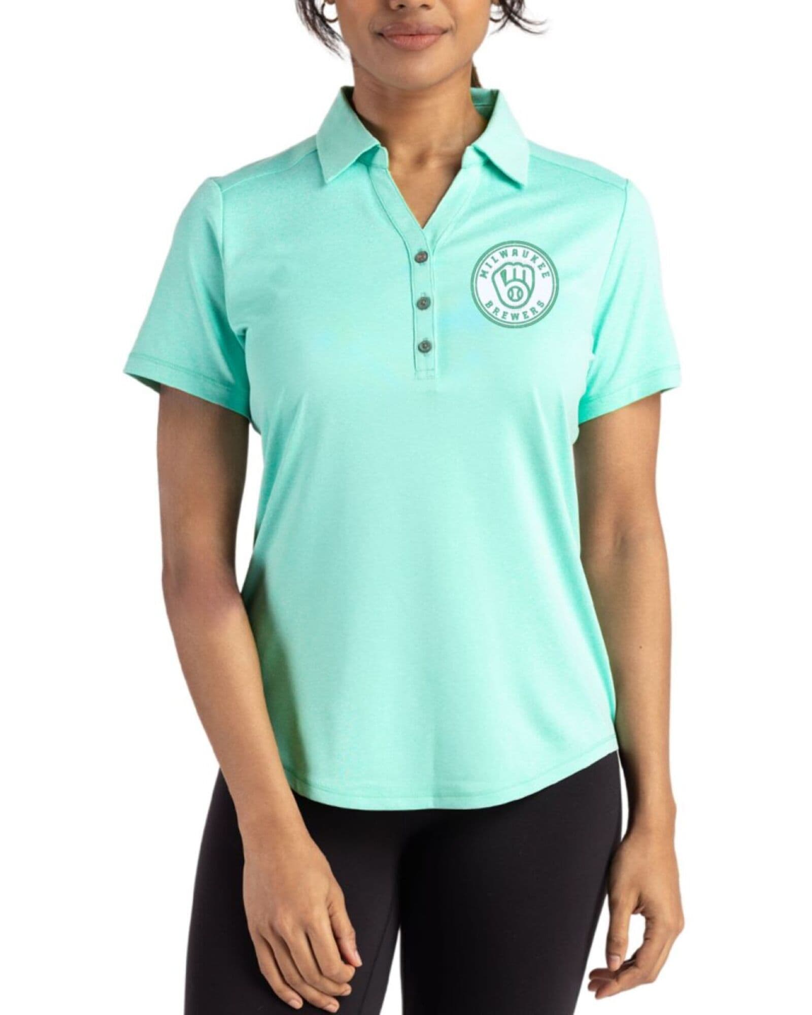 Women's Milwaukee Brewers Cutter & Buck Mono Fresh Mint Heather Forge Four-Way Stretch Polo