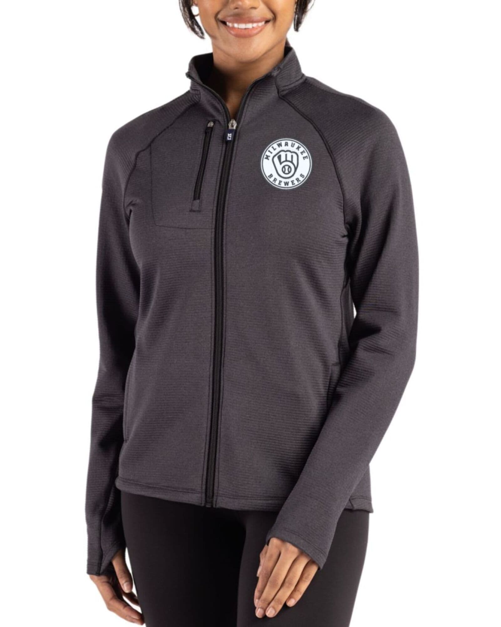 Women's Milwaukee Brewers Cutter & Buck Mono Black Heather Peshastin Grid Fleece Full Zip Jacket