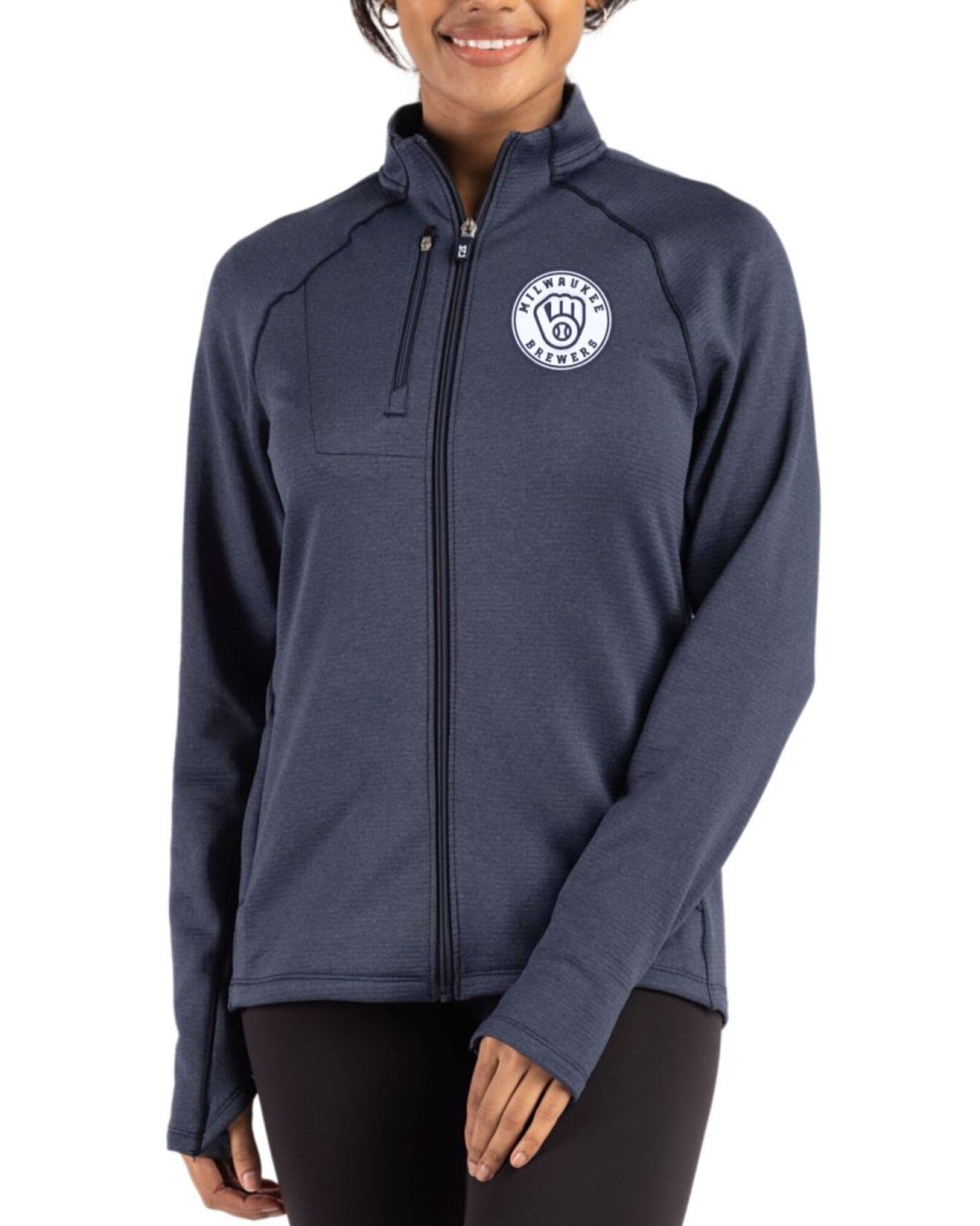 Women's Milwaukee Brewers Cutter & Buck Mono Navy Blue Heather Peshastin Grid Fleece Full Zip Jacket