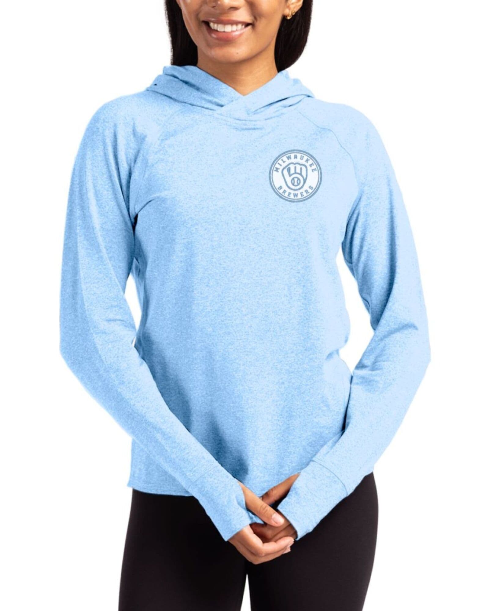 Women's Milwaukee Brewers Cutter & Buck Mono Atlas Heather Adapt Soft Knit Stretch Hooded Pullover