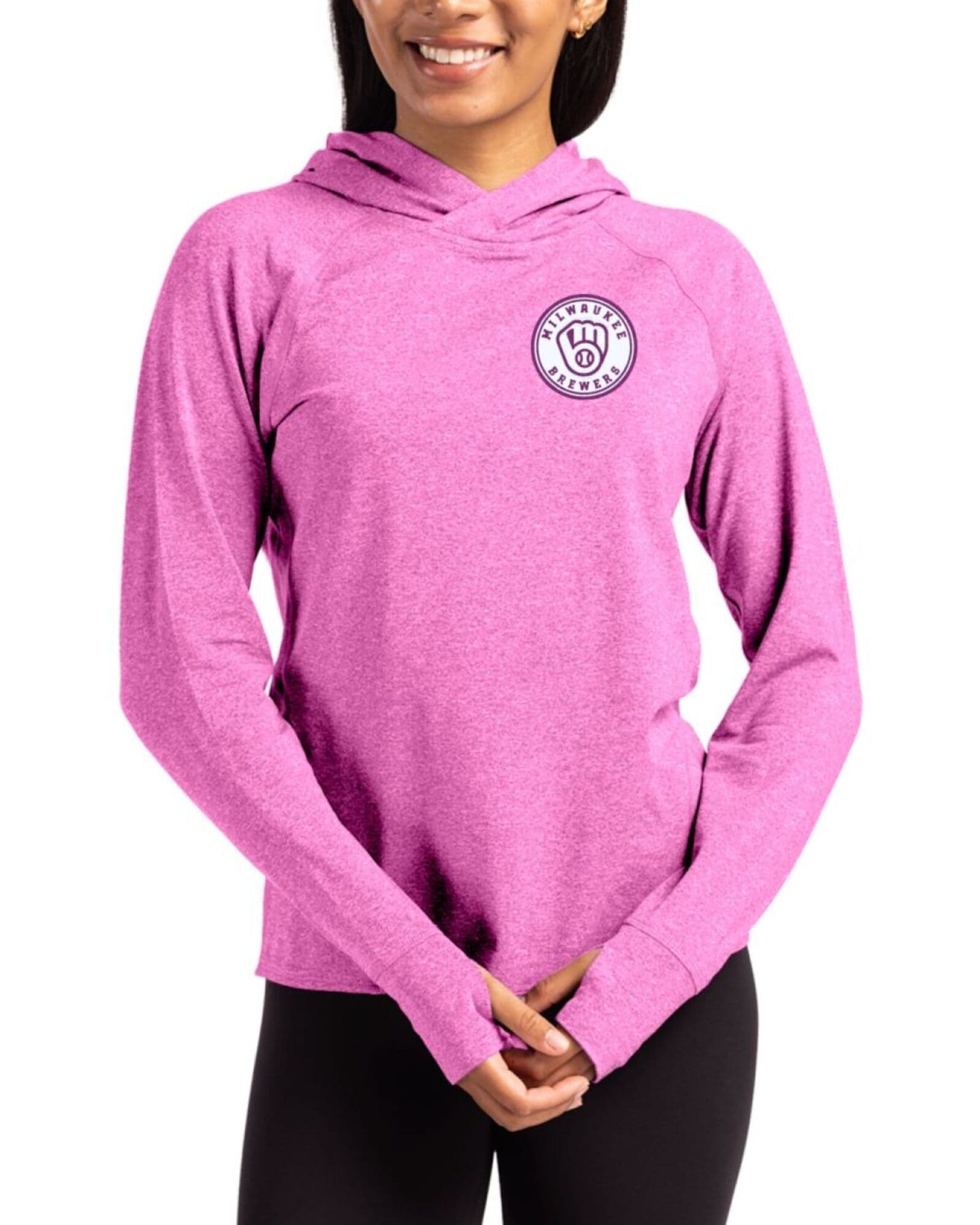 Women's Milwaukee Brewers Cutter & Buck Mono Gelato Heather Adapt Soft Knit Stretch Hooded Pullover