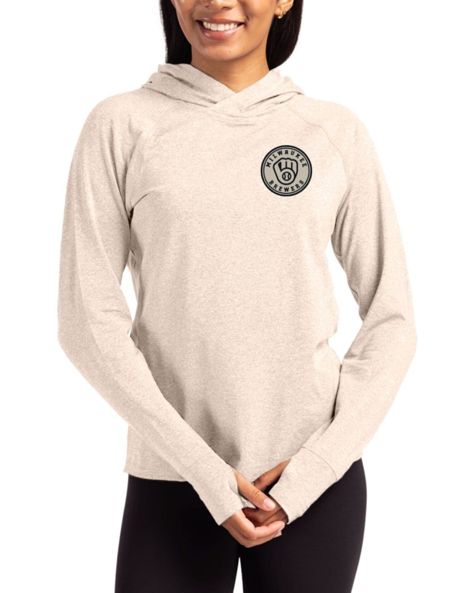 Women's Milwaukee Brewers Cutter & Buck Mono Wheat Heather Adapt Soft Knit Stretch Hooded Pullover