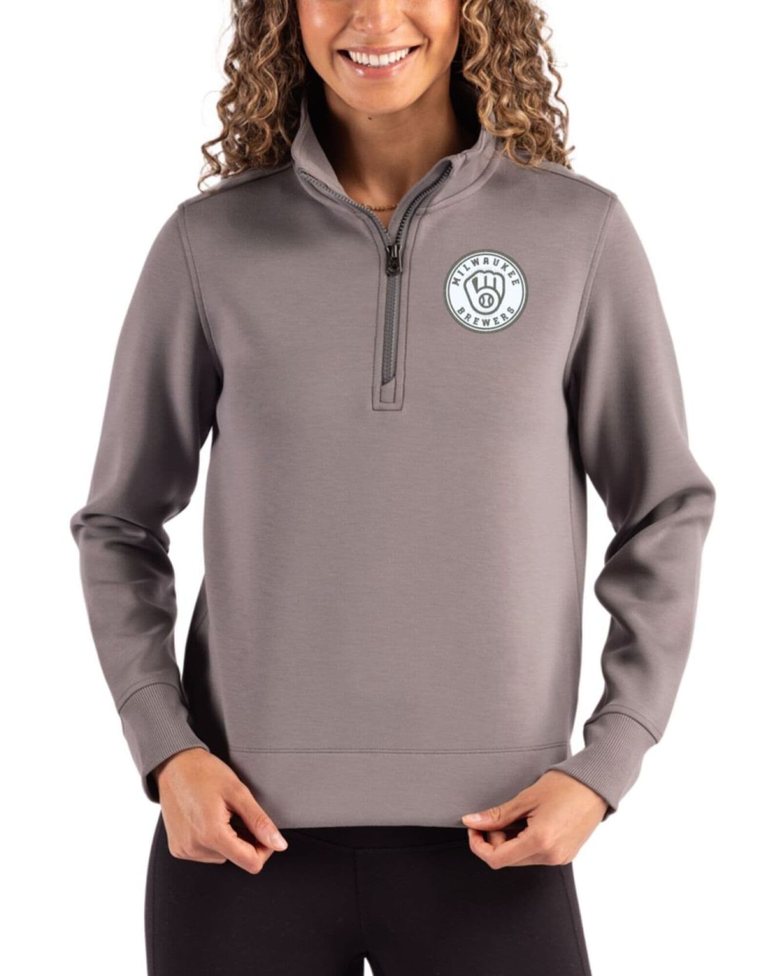 Women's Milwaukee Brewers Cutter & Buck Mono Elemental Grey Roam Buttery-Soft Knit Quarter Zip Pullover
