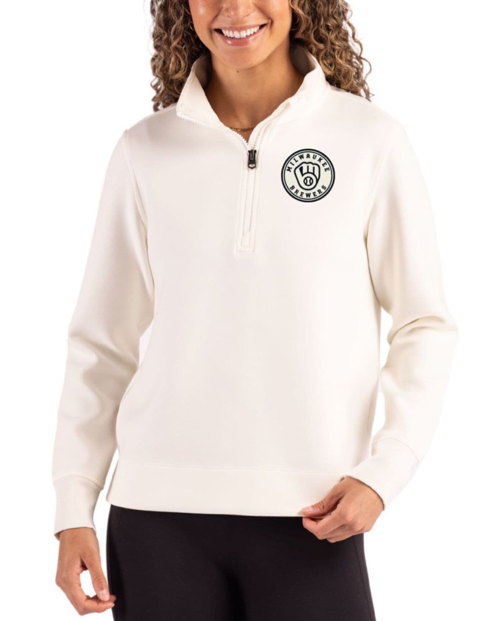 Women's Milwaukee Brewers Cutter & Buck Mono Shell Roam Buttery-Soft Knit Quarter Zip Pullover
