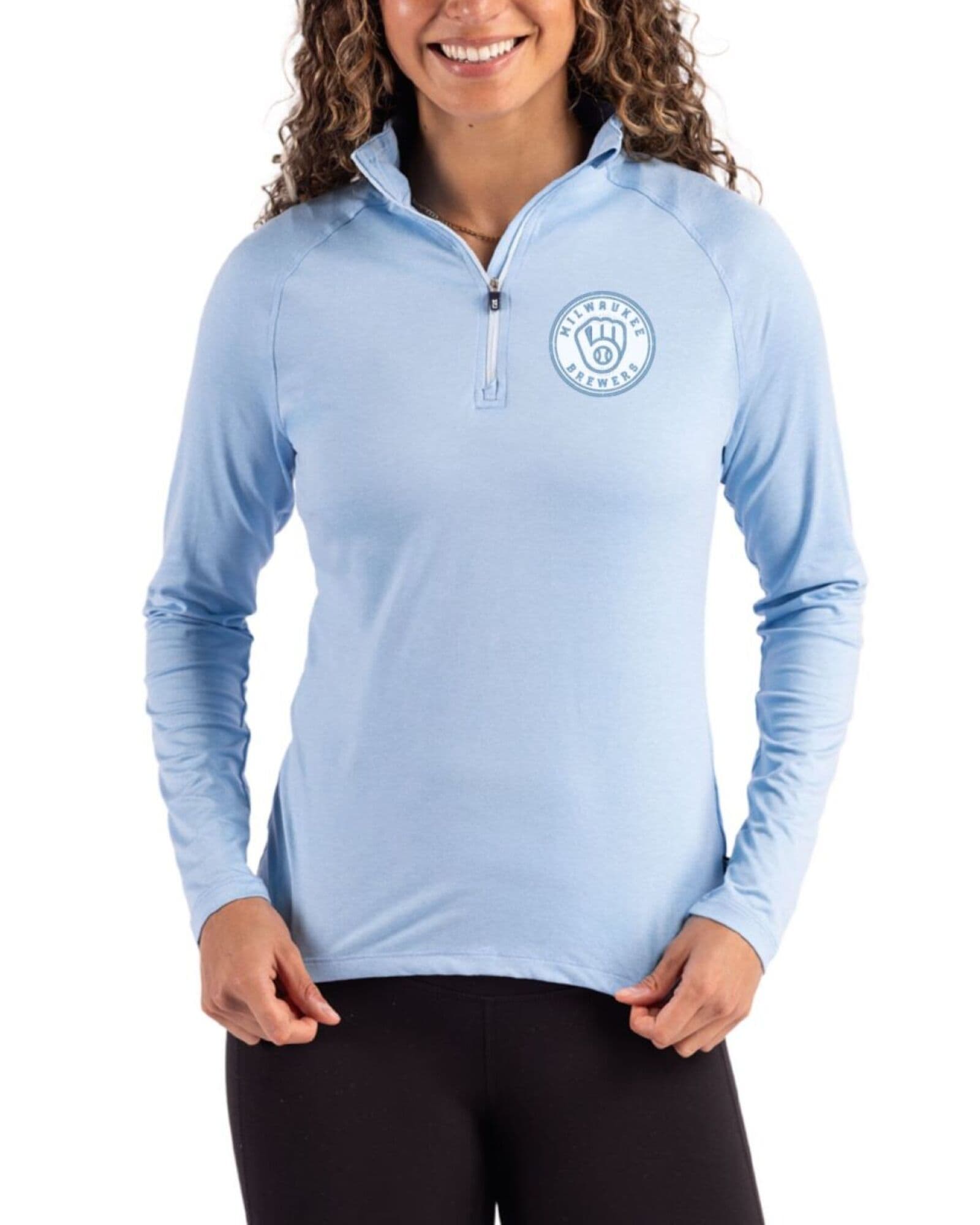 Women's Milwaukee Brewers Cutter & Buck Mono Atlas Coastline Double Peached Quarter Zip Pullover