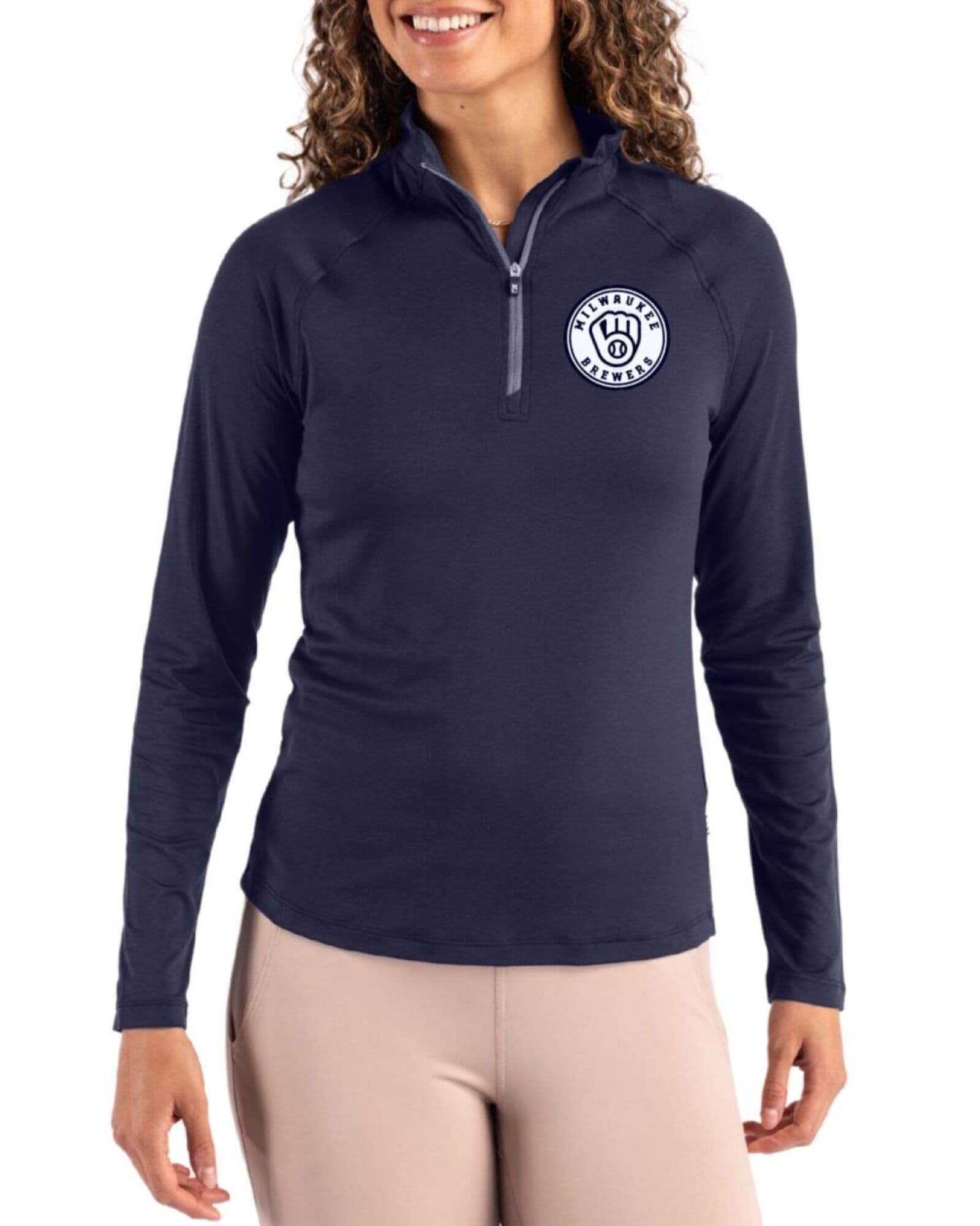 Women's Milwaukee Brewers Cutter & Buck Mono Navy Blue Coastline Double Peached Quarter Zip Pullover
