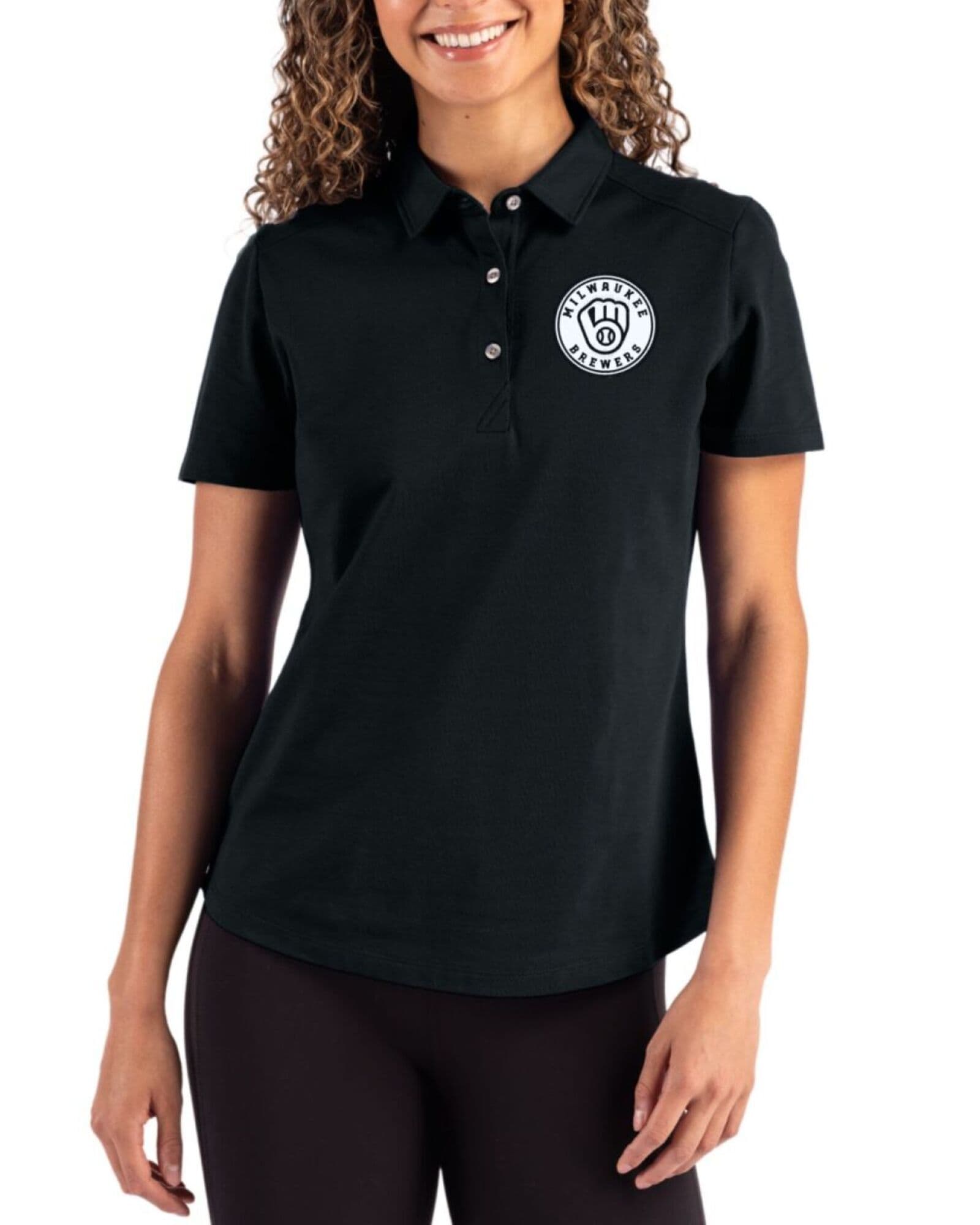 Women's Milwaukee Brewers Cutter & Buck Mono Black Advantage Refresh Cotton-Blend Pique Polo
