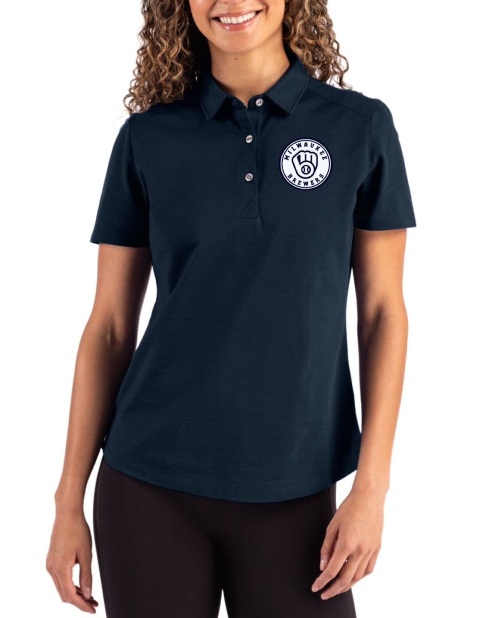 Women's Milwaukee Brewers Cutter & Buck Mono Liberty Navy Advantage Refresh Cotton-Blend Pique Polo