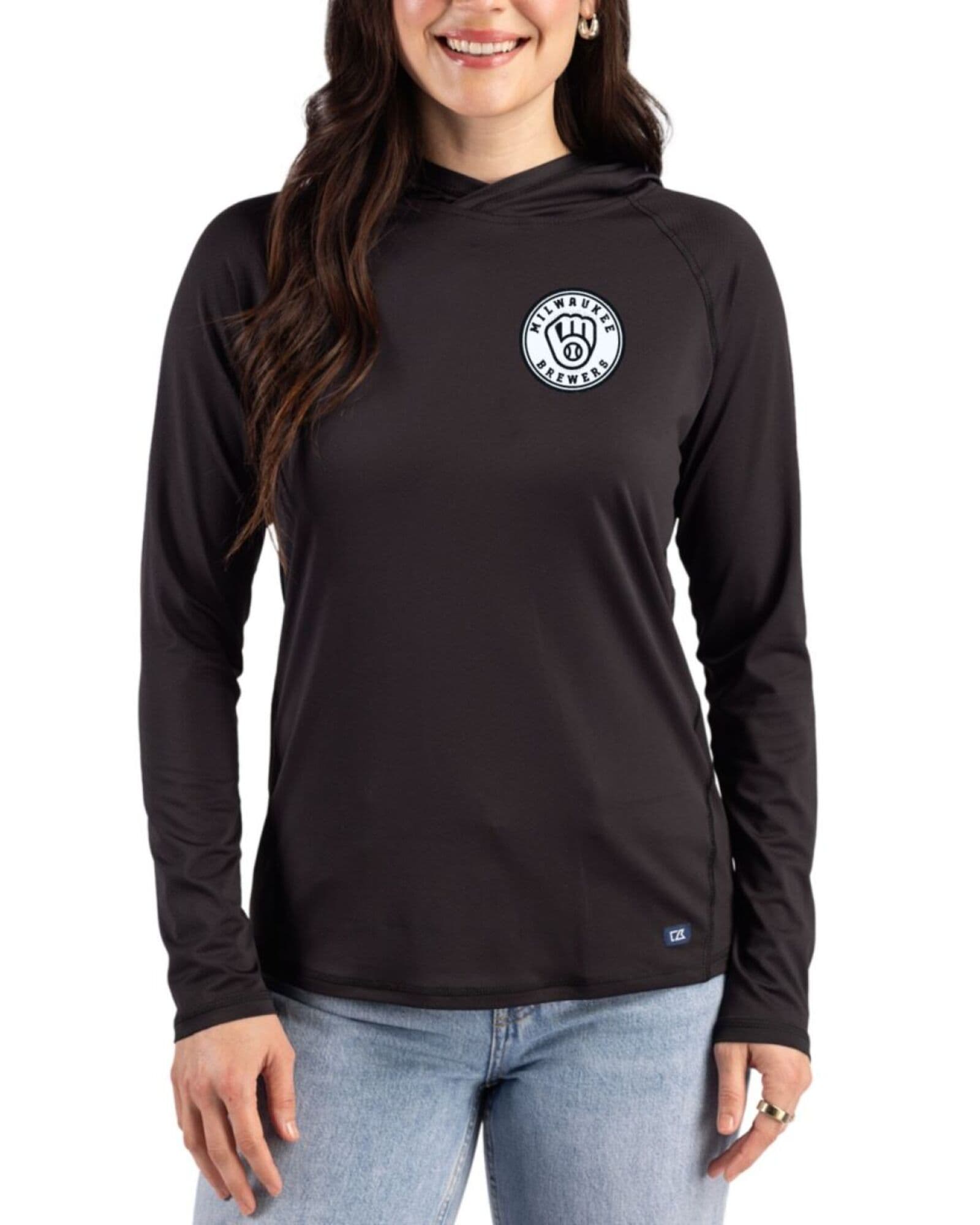 Women's Milwaukee Brewers Cutter & Buck Mono Black Prospect Featherlight Stretch Hooded Pullover