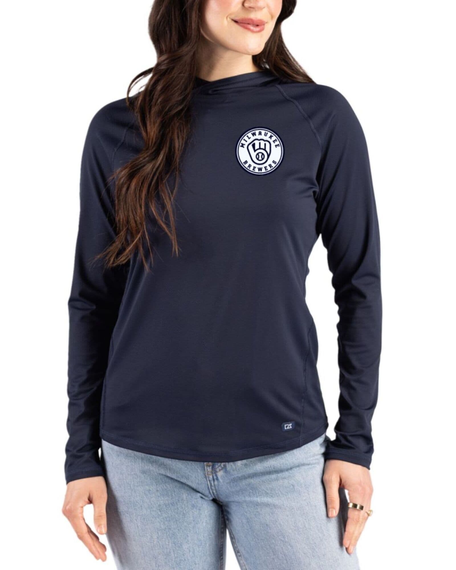 Women's Milwaukee Brewers Cutter & Buck Mono Navy Blue Prospect Featherlight Stretch Hooded Pullover