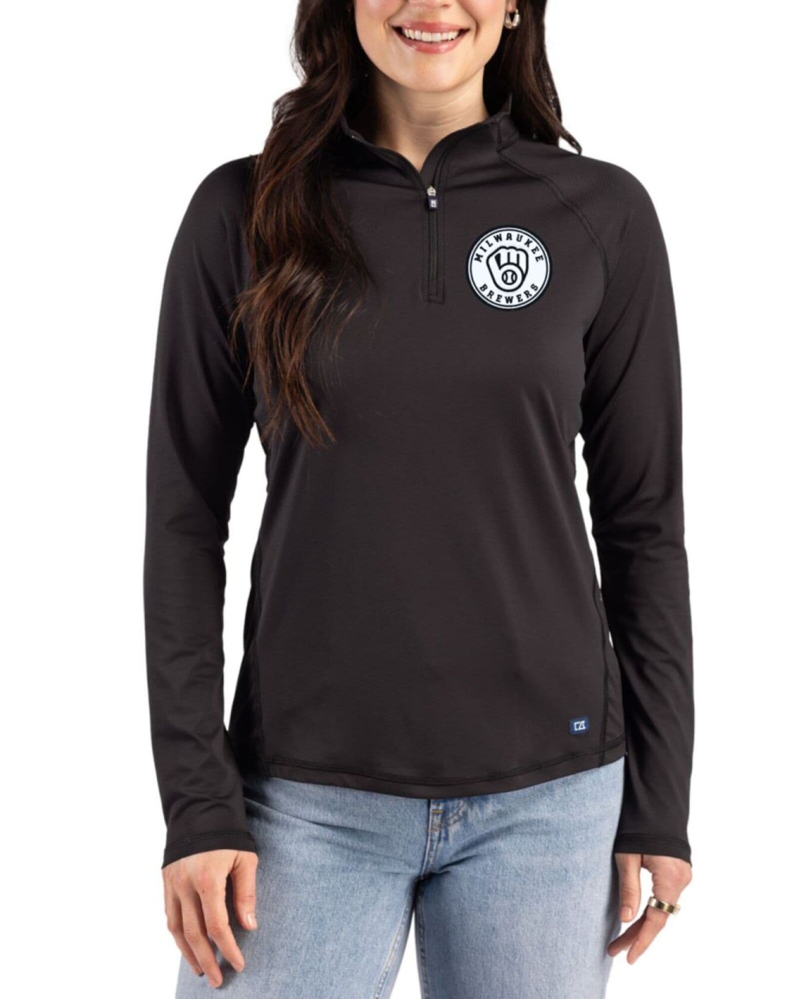 Women's Milwaukee Brewers Cutter & Buck Mono Black Prospect Featherlight Stretch Quarter Zip