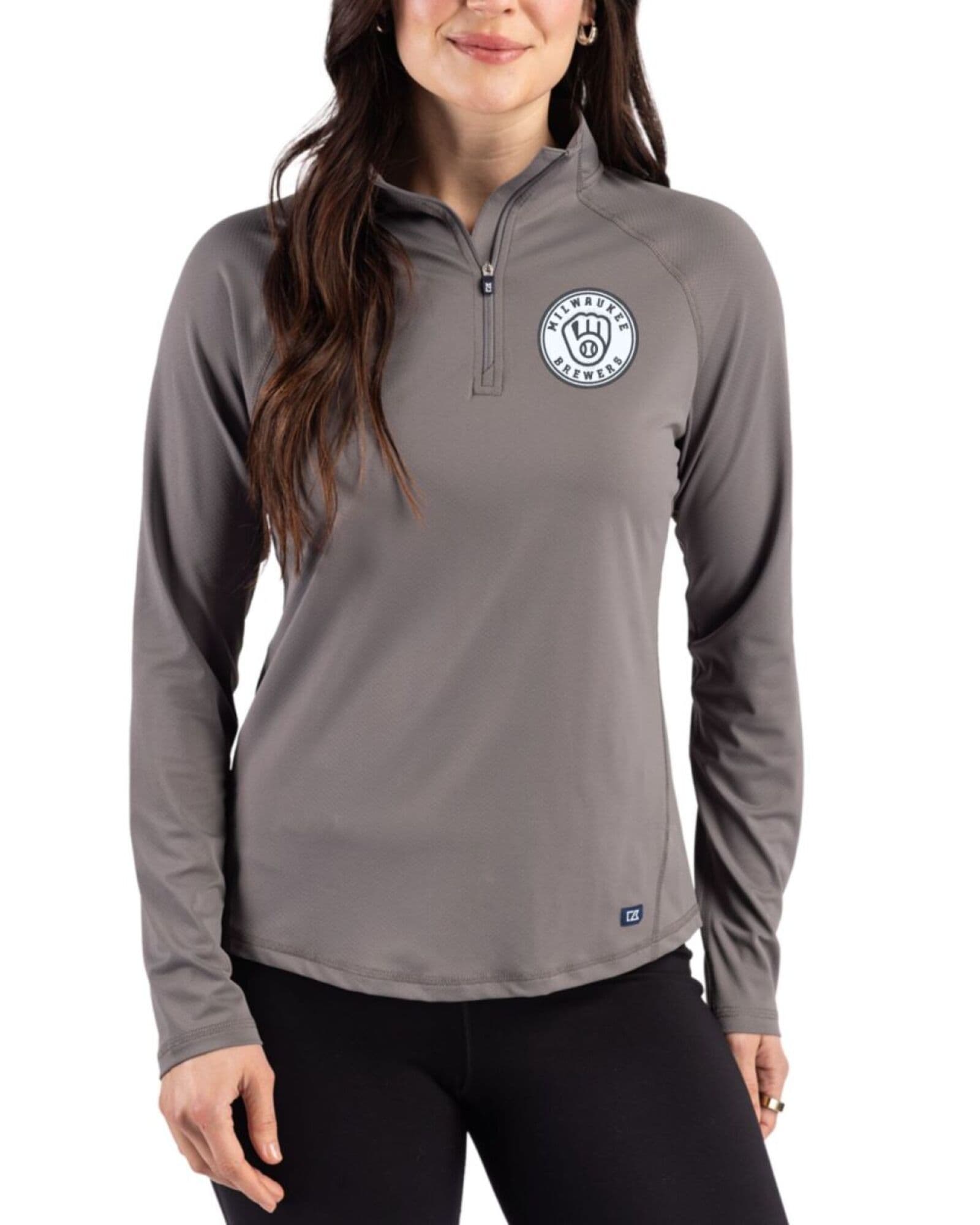 Women's Milwaukee Brewers Cutter & Buck Mono Elemental Grey Prospect Featherlight Stretch Quarter Zip
