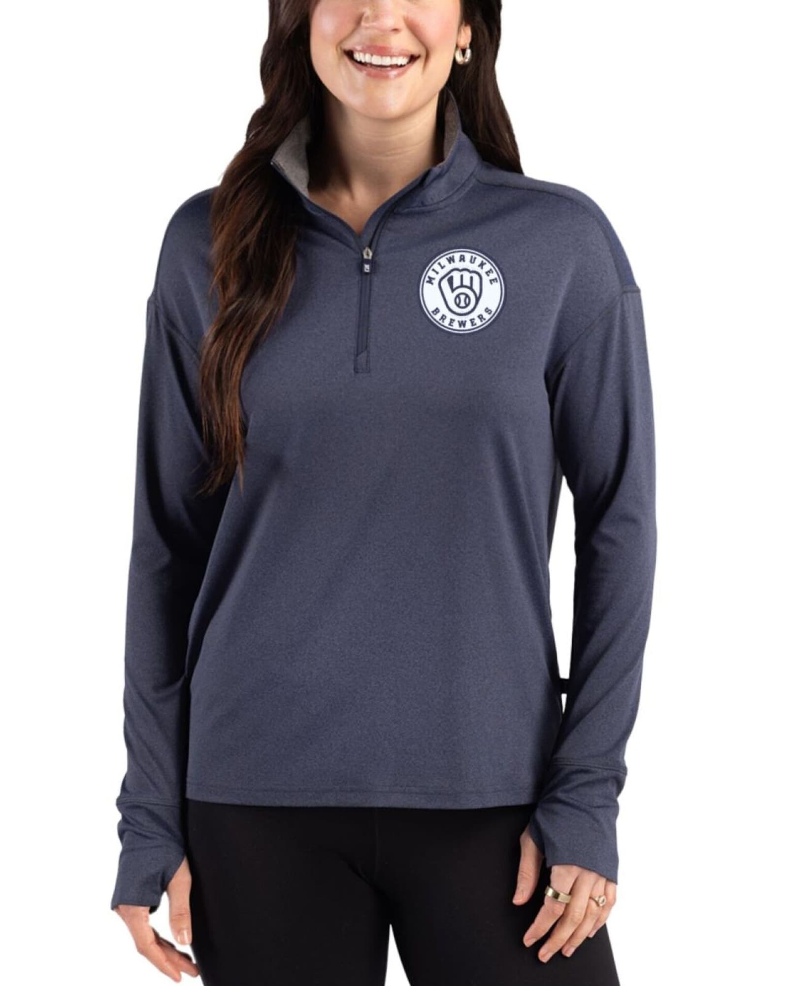 Women's Milwaukee Brewers Cutter & Buck Mono Dark Navy Blue Heather Forge Four-Way Stretch Quarter Zip Pullover